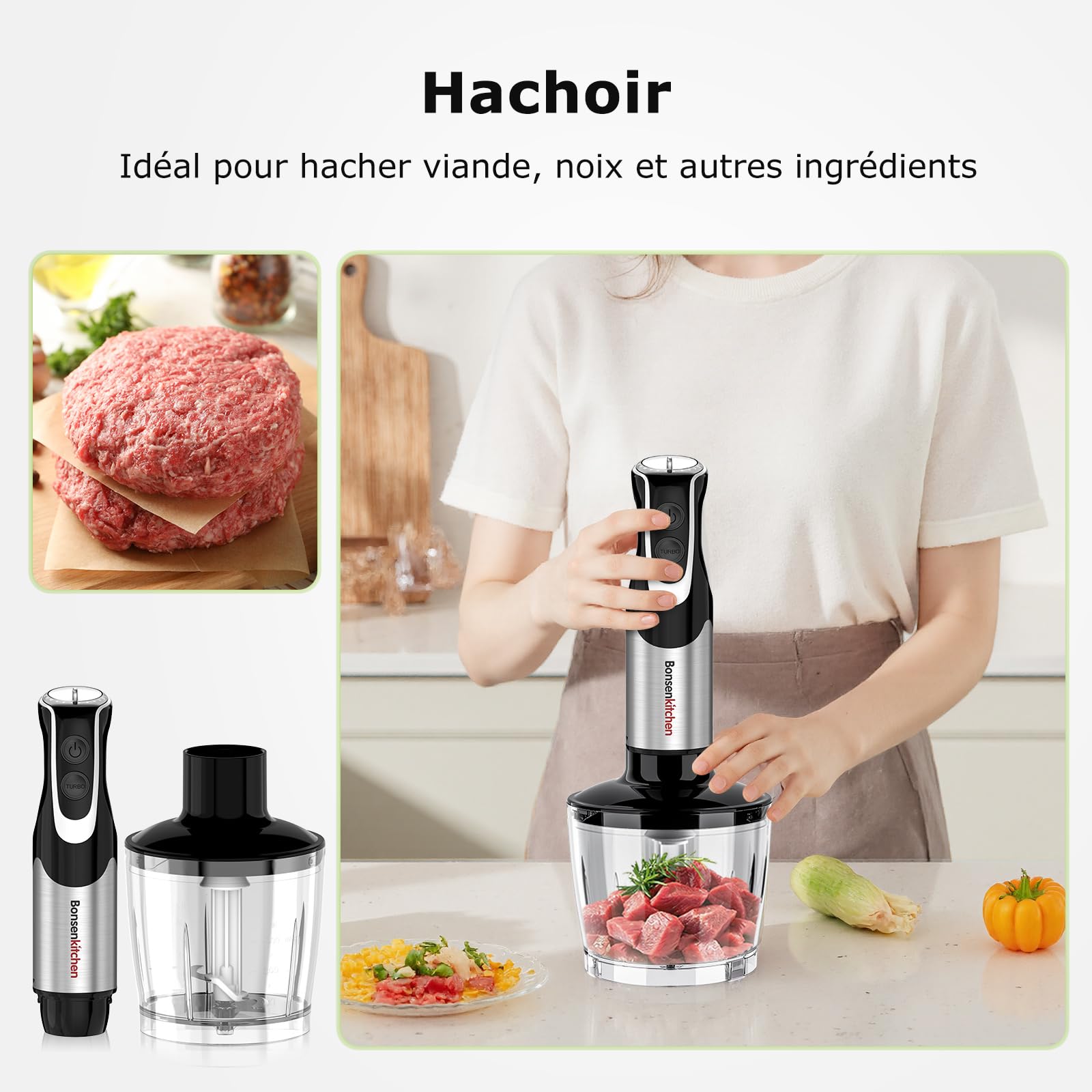 Bonsenkitchen Mixeur Plongeant 4-en-1, 1000W Inox avec 12 Vitesses et Fonction Turbo, Fouet, Verre Doseur 700ml, Hachoir – Idéal pour Aliments Bébé, Soupes & Smoothies