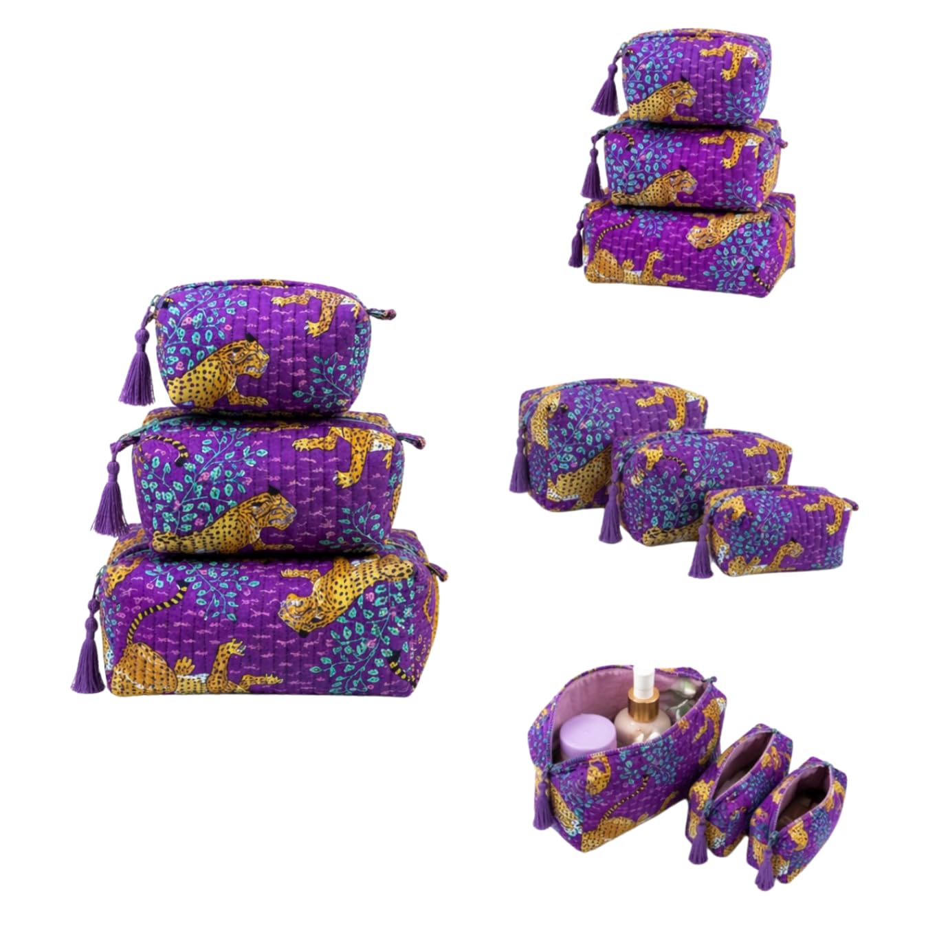 Kit 3 Trousses de Maquillage Léopard Violette – Petite, Moyenne et Grande – Trousse de Toilette Femme Voyage – Pochette Cosmétique Matelassée avec Pompons