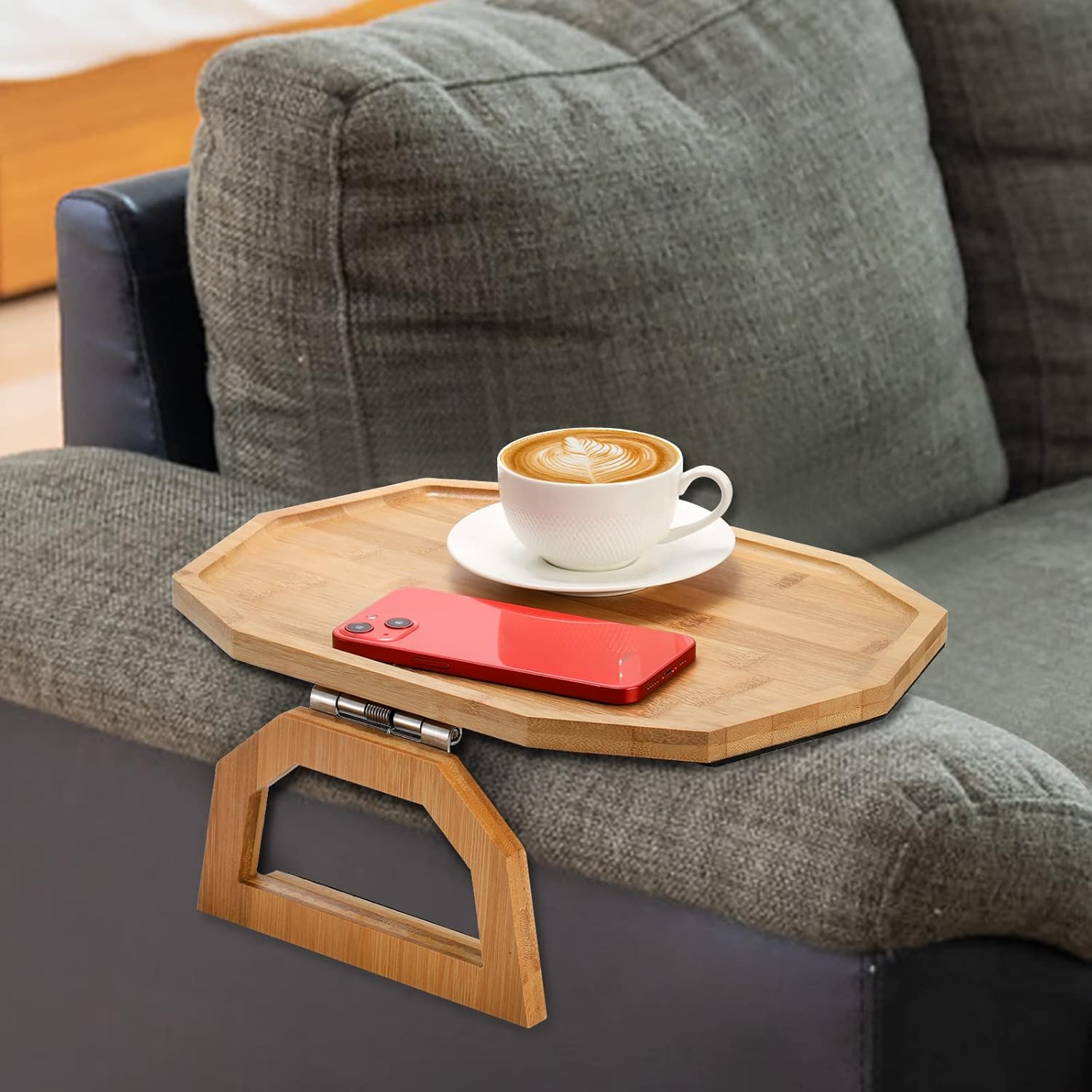 Sofa Arm Table Bamboo Couch Arm Tray With Storage Pockets