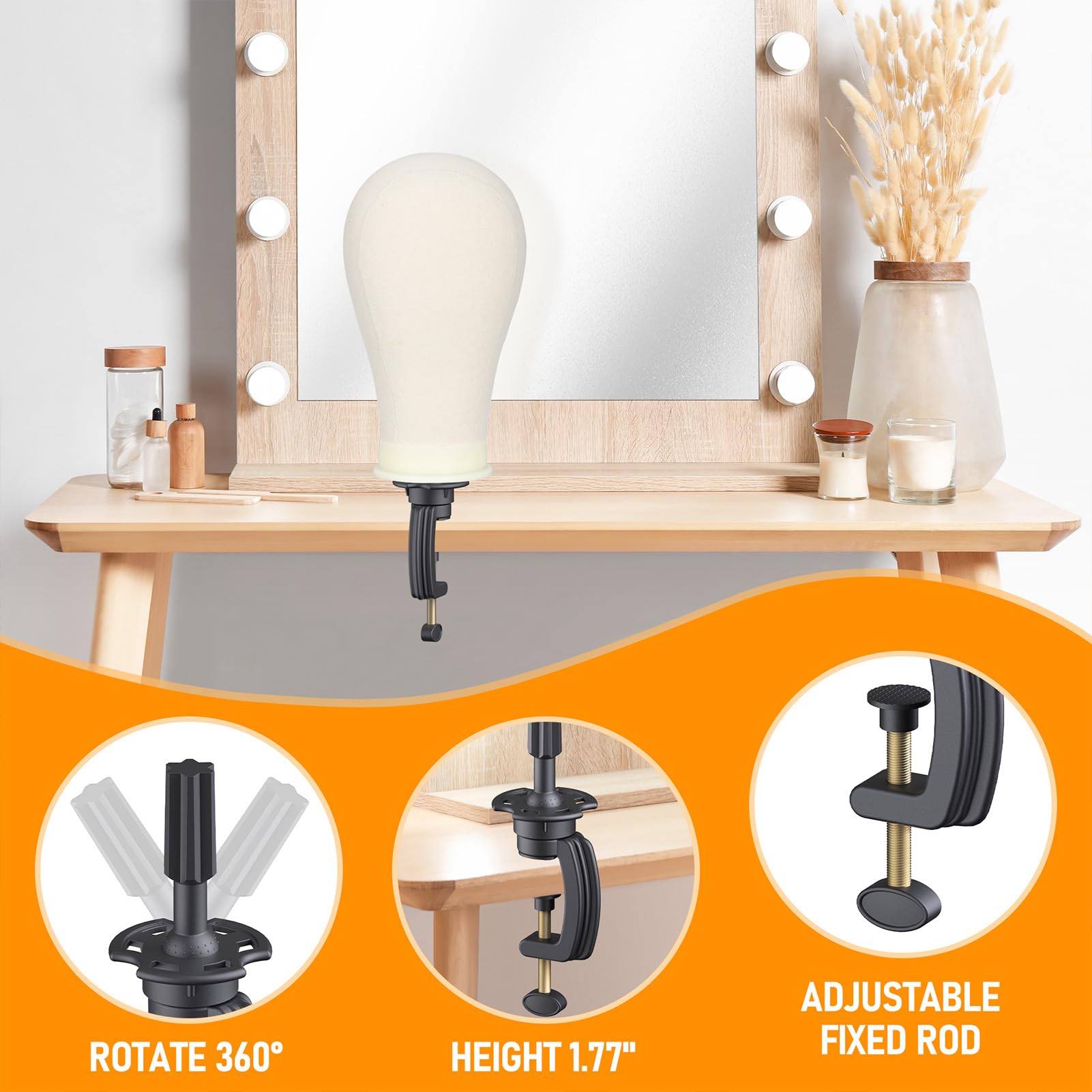 Hemndic Soporte para peluca con cabeza, soporte de peluca ajustable en altura para peinar, soporte para cabeza de peluca con cabeza de maniquí de 22 pulgadas con soporte de abrazadera adicional para