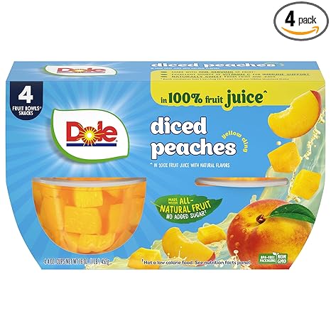 Dole Fruit Bowls Diced Peaches in 100% Juice Snacks, 4oz 4 Total Cups, Gluten & Dairy Free, Bulk Lunch Snacks for Kids & Adults