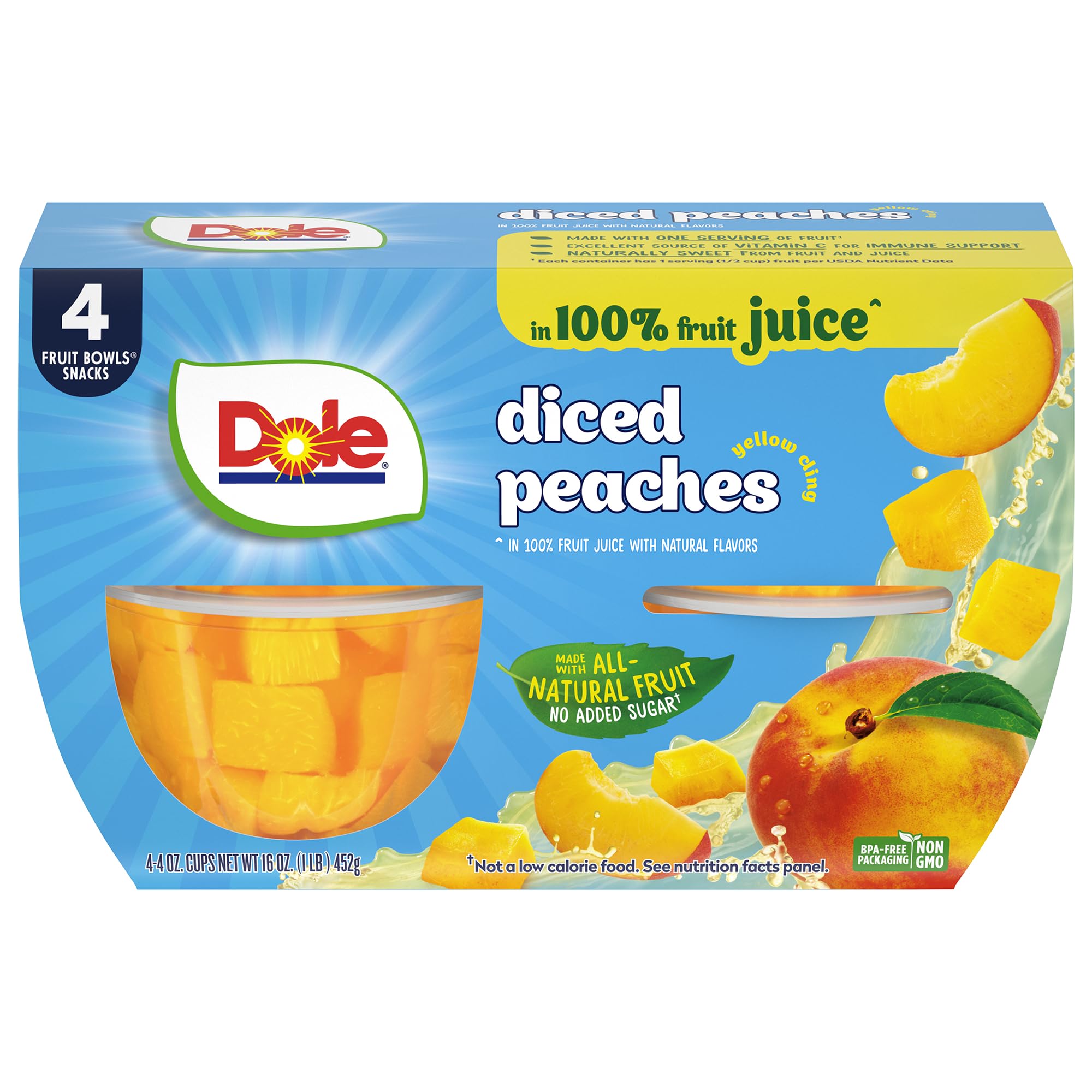 Dole Fruit Bowls Diced Peaches in 100 Juice Snacks 4oz 4 Total Cups Gluten Dairy Free Bulk Lunch
