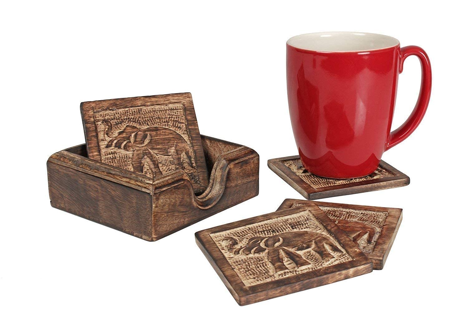 Zyntix Coasters Set of 4 - Antique Elephant Carved Wood, Unique Home Decor, Coaster for Dining Table, Living Room Decor, Office Accessories, Elegant