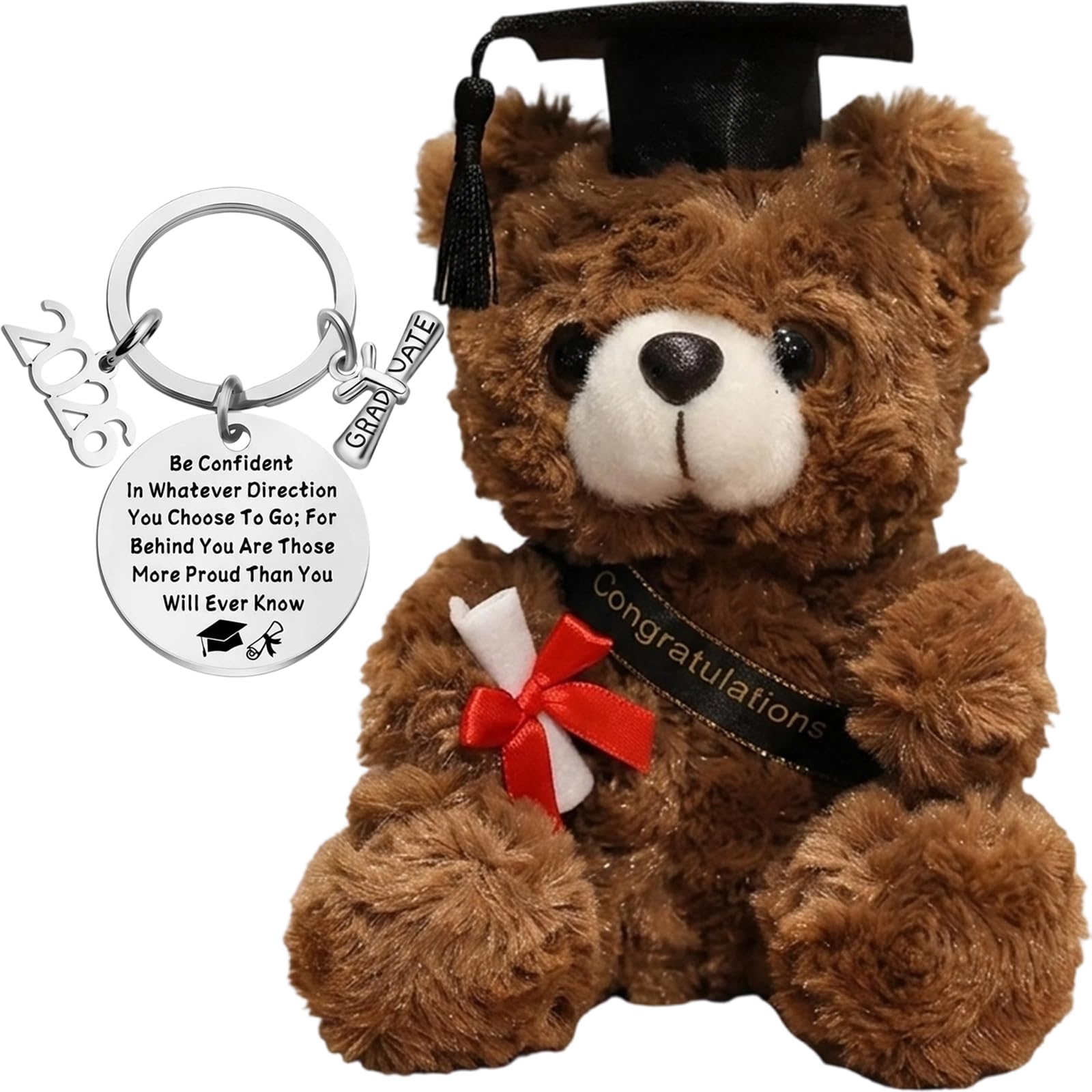 dienjason 2Pcs Graduation Gifts Set, Graduation Bear with Hat, Small Teddy Bear Gift, Brown Teddy Bear with Keychain, Graduation Teddy for Students