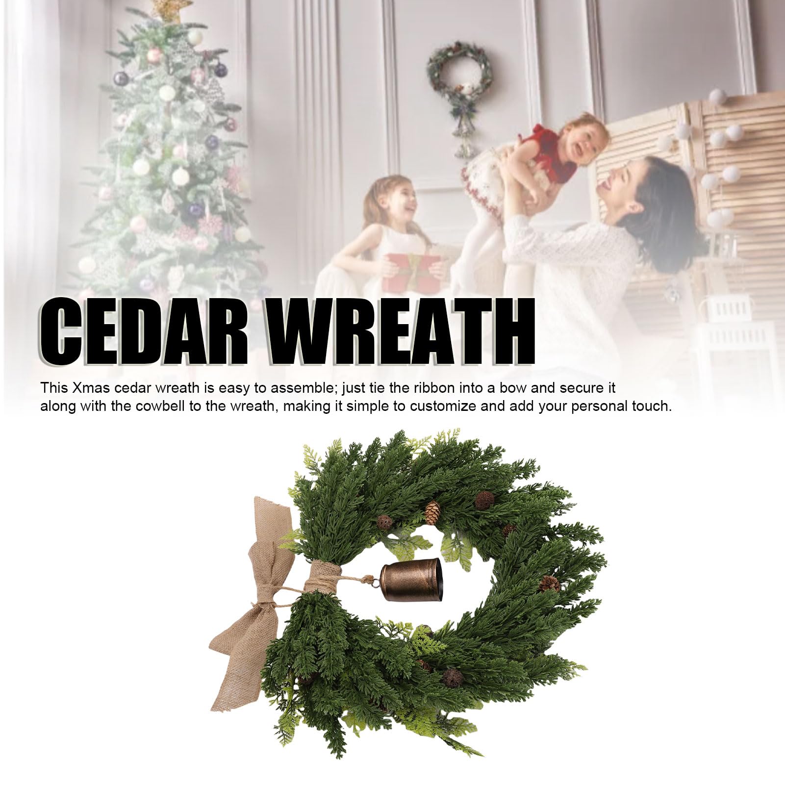 Cryfokt 19.7 Inch Cedar Xmas Wreath with Vintage Rustic Cow Bell Brown
