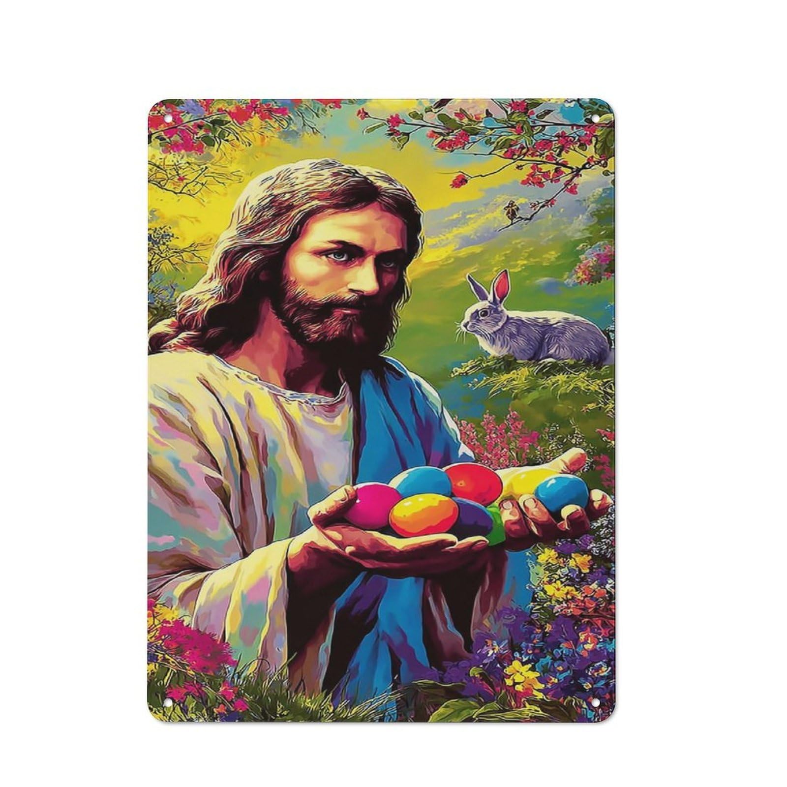 Junmoney Jesus With Easter Eggs And Bunny 40X30cm Retro Printed Metal Sign With For Home Bar Wall, A Decorative Christmas Gift For Home Bar Decor Fans