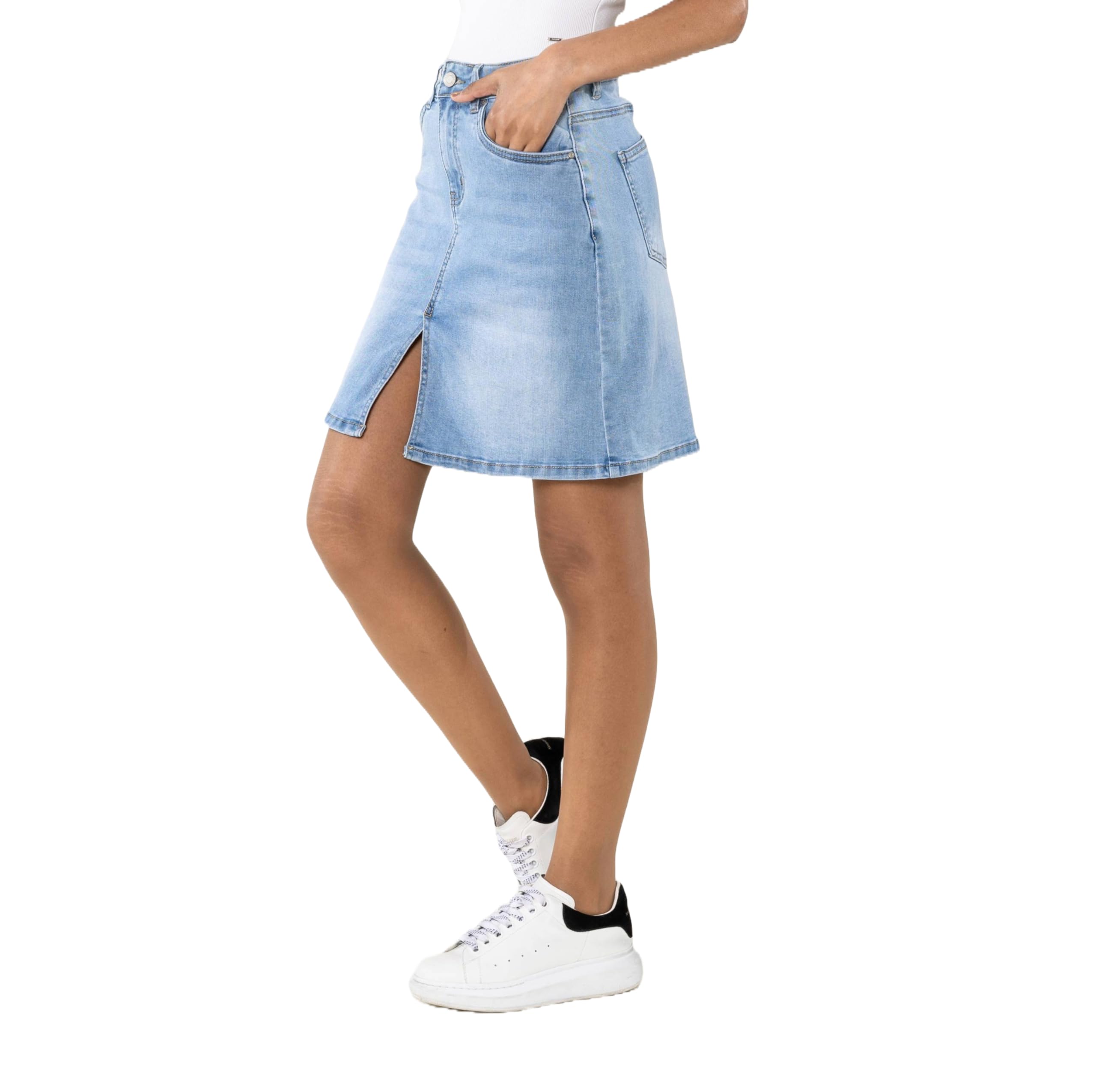 Nina Carter P213 Jupe courte en jean pour femme avec fente avant et fermeture éclair Aspect usé