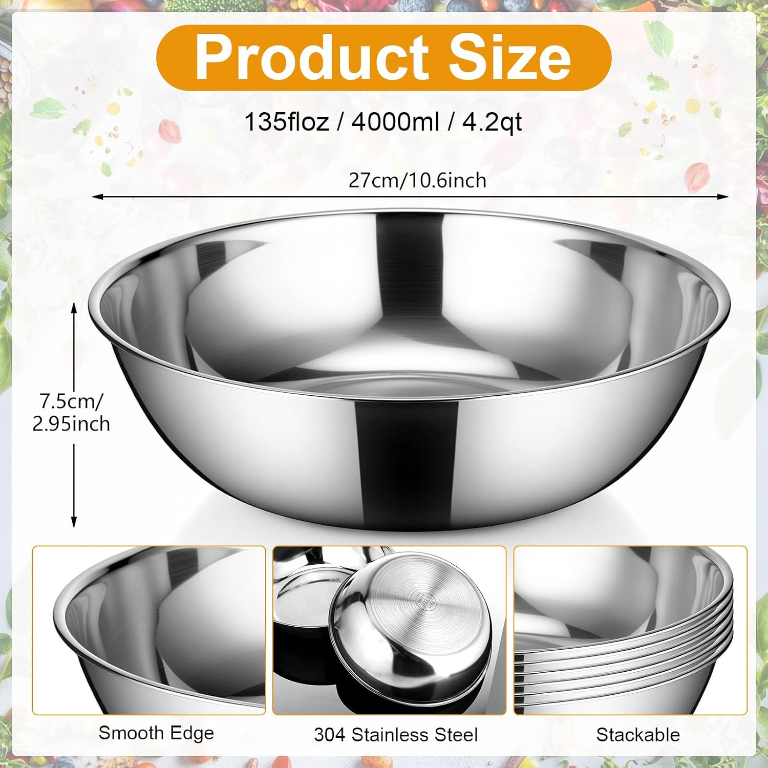 6 Pcs 4.2 Quart Stainless Steel Mixing Bowls Salad Bowls Metal Serving Reusable Baking Food Storage Containers for Baking Cooking Salads Soups Ice Cream Noodles