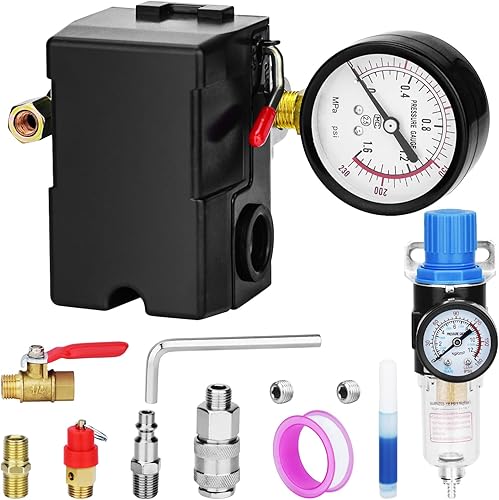 Miniatura 20 de Válvula de control universal del interruptor de presión del compresor de aire (90-120 PSI, 110V-240V) con regulador de 0-180 PSI y válvula de alivio