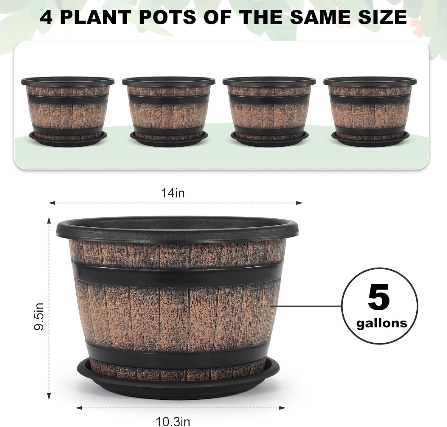 Quarut Large Plastic 4 Pack14 inch Plant Pots,Whiskey Barrel Planters with Drainage Holes & Saucer.Flower Pots Imitation Wine Barrel Design for Indoor & Outdoor Garden Balcony Plants.5 Gallons(Brown) - Image 2