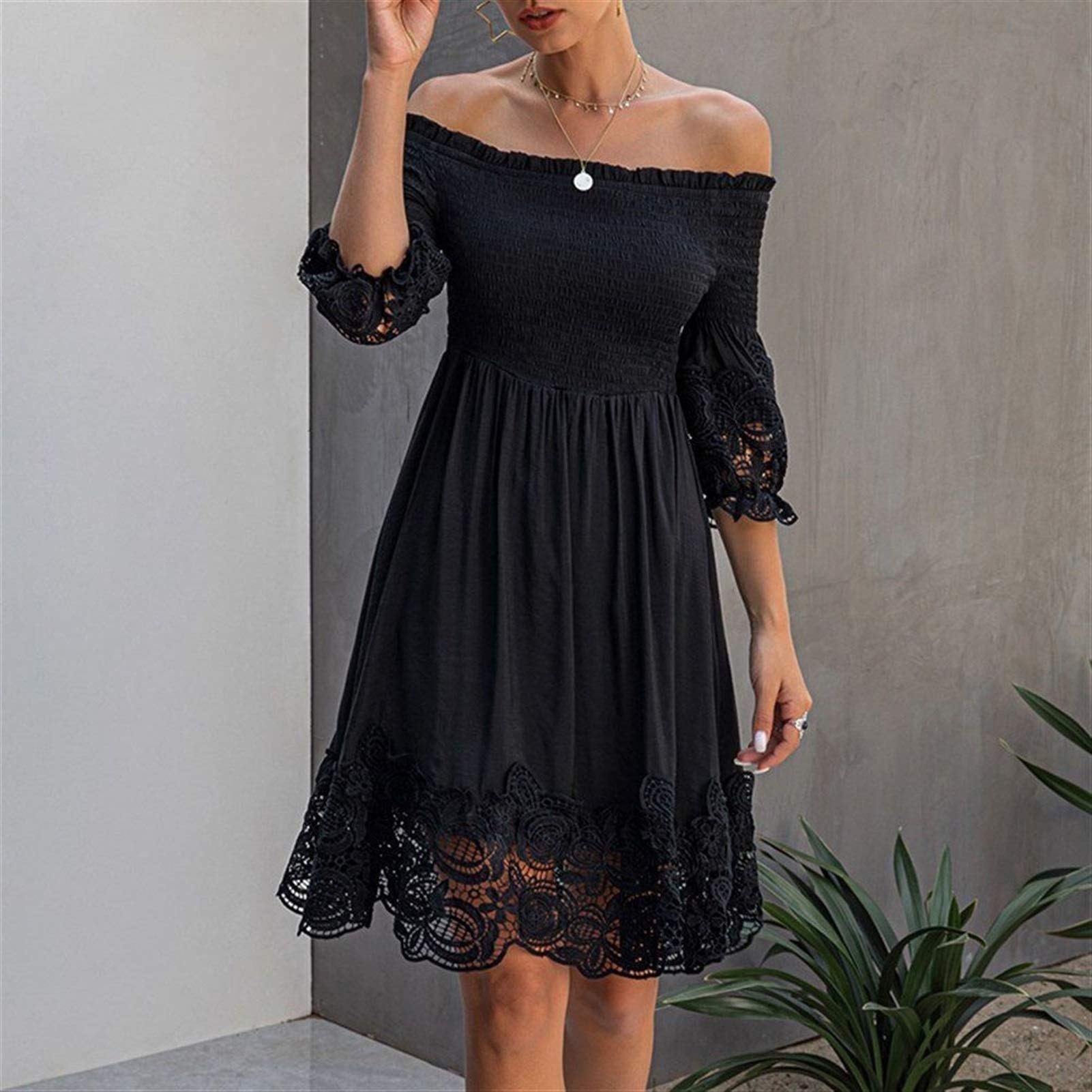 Seksowna sukienka z dala od ramion damska letnia sukienka elegancka czarna koronkowa damska krótka letnia sukienka letnia damska elastyczna minisukienka wygodna (kolor: czarny, rozmiar: 2XL.)