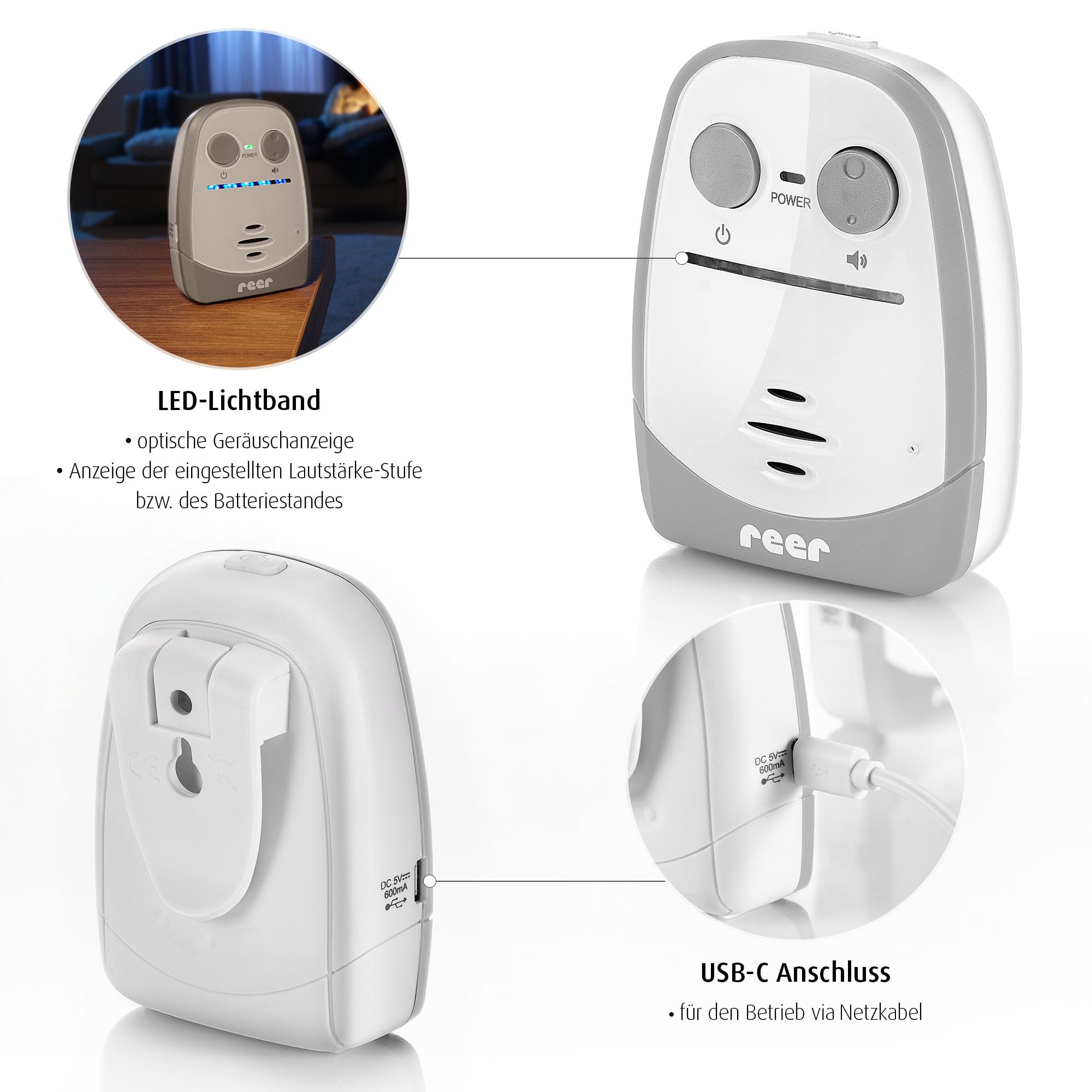 Reer Nova 50140 Babyphone avec réglage du volume et affichage optique du bruit Portée 450 m Blanc