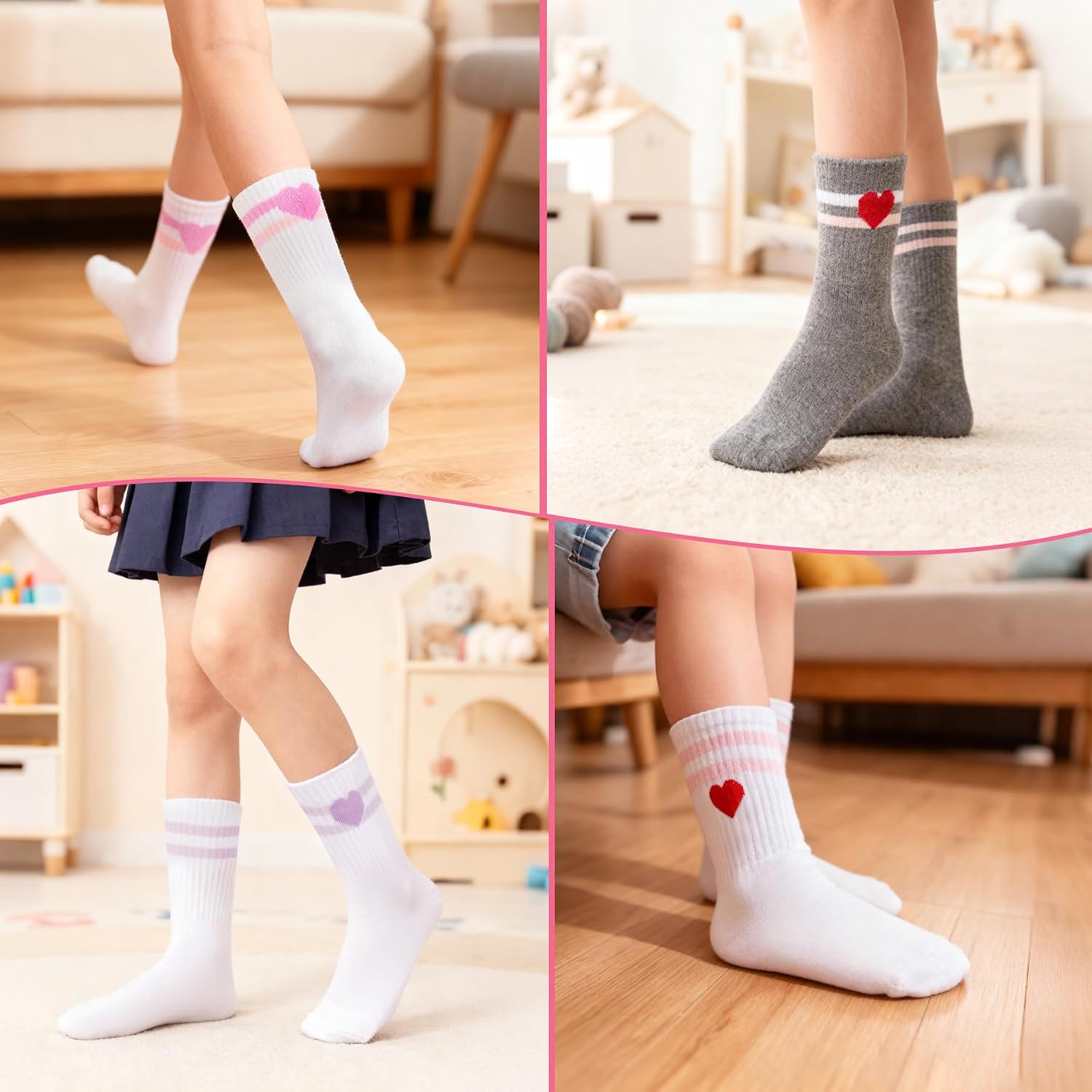 6 Pairs Kids Girls Cute Crew Athletic Socks with Retro Stripes Hearts Cotton Stretchy Sock for Casual Sporty