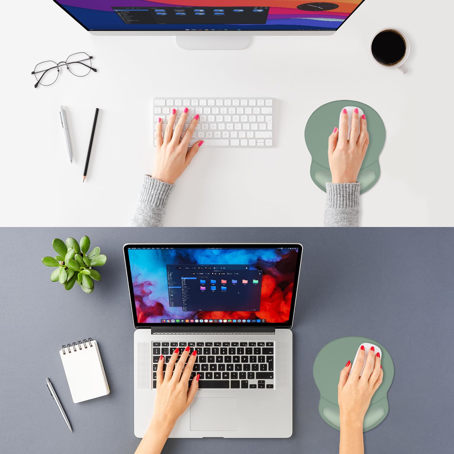 ITNRSIIET Ergonomic Mouse Pad with Comfort Gel Wrist Rest, Non-Slip PU Base, Smooth Textured Surface, Reduces Hand Fatigue & Wrist Pain, 220 x 180 mm for Office Gaming Home, Sage Mint Gradient - 2