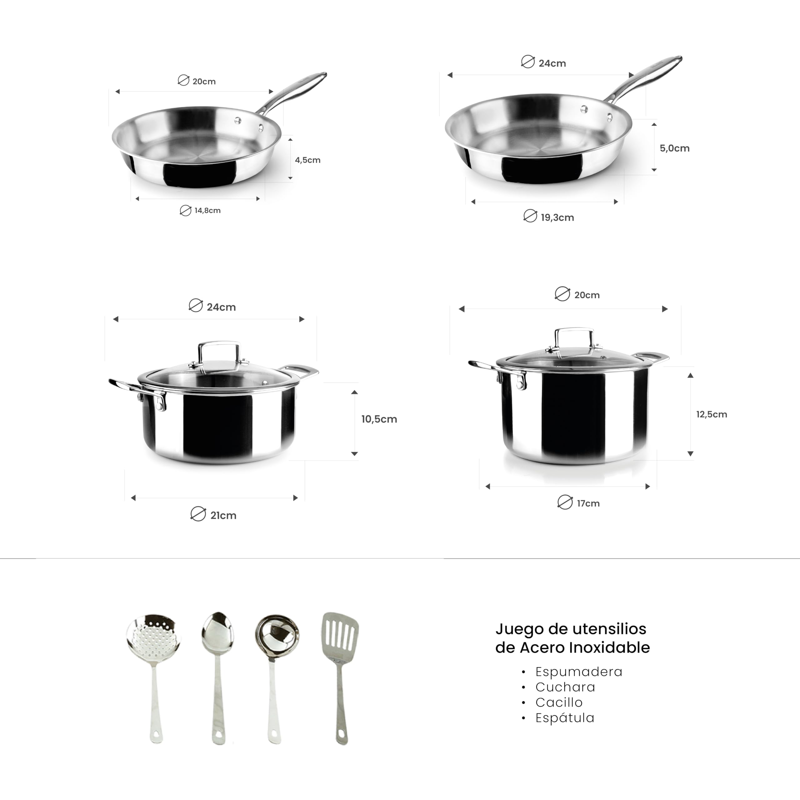 IBILI - Juego de 10 piezas de cacerola, olla, sartenes y utensilios de acero inoxidable, tricapa triply Natural, Apto para induccion, sin antiadherente