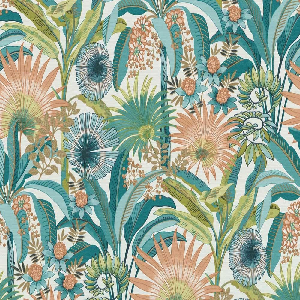 Yöl Teal Martinique Tropical Wallpaper - Botanical Leaves Flowers Floral Stylish - Textured Paste The Wall Vinyl