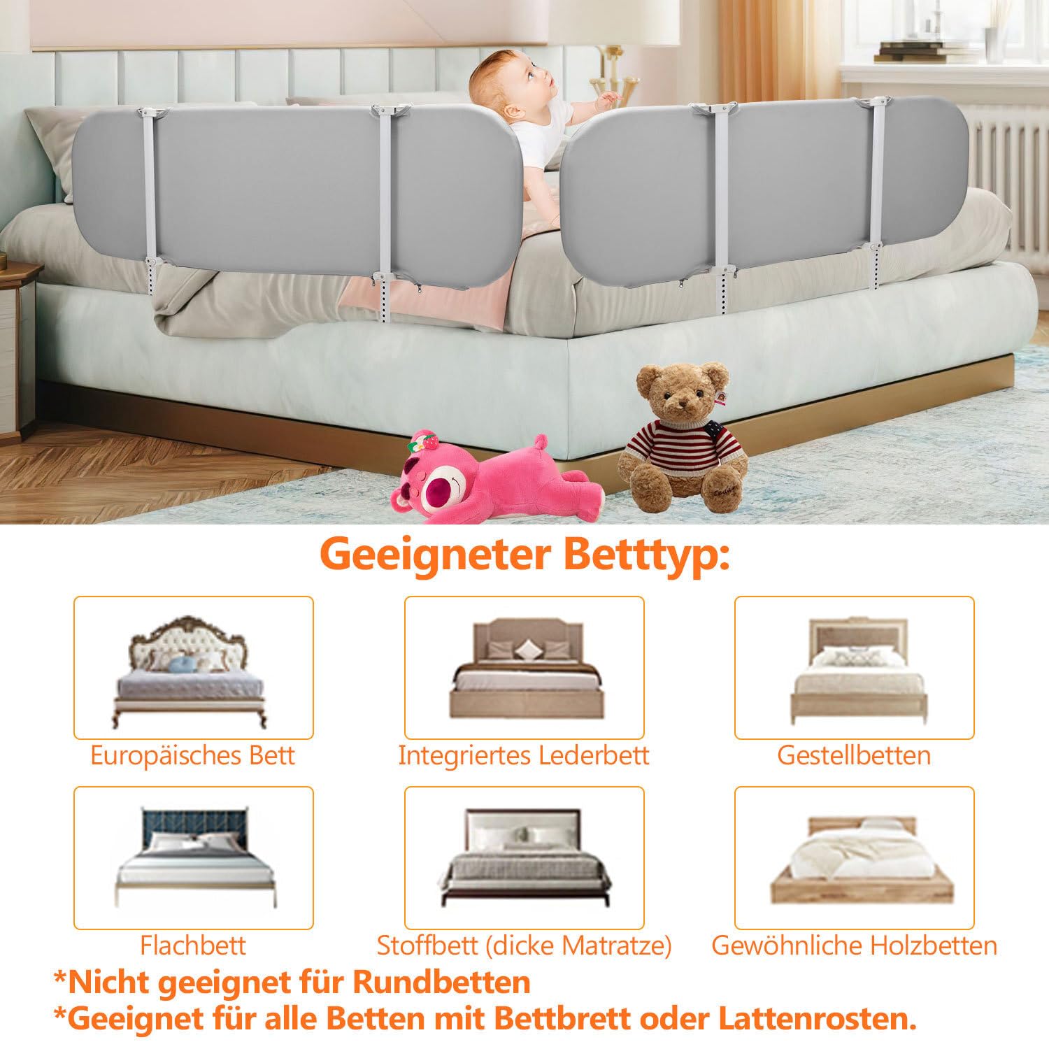 Bettgitter, Rausfallschutz Bett mit 150 cm, Rausfallschutz für Kinderbetten, Höhenverstellbares Kinderbettgitter, klappbares Bettschutzgitter, Grau