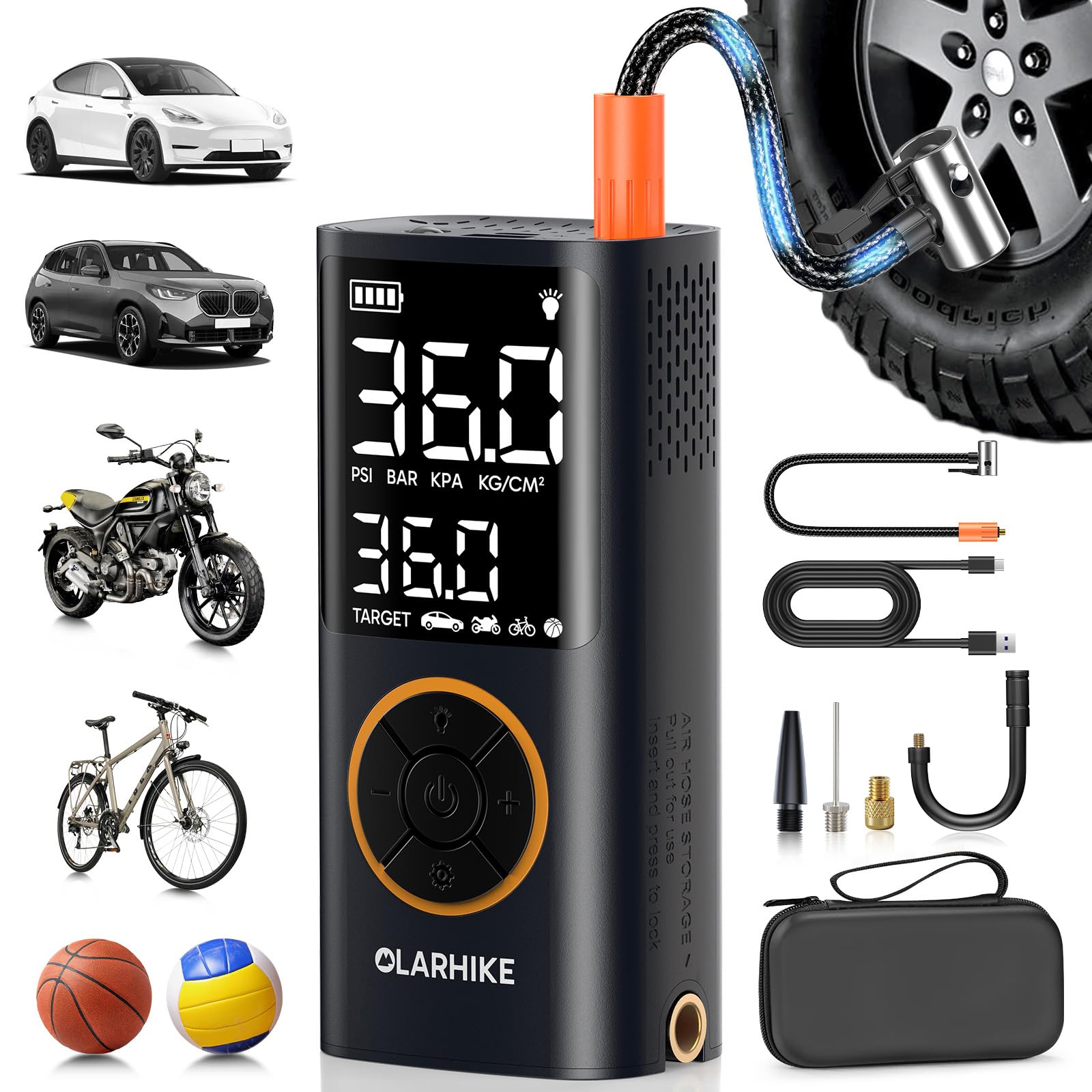 OlarHike Tire Inflator Portable Air Compressor, Smart Dual Hose System, Auto Air Pump for Car Tires, Bike,Bicycle, Motorcycles,Electric Pump with LED