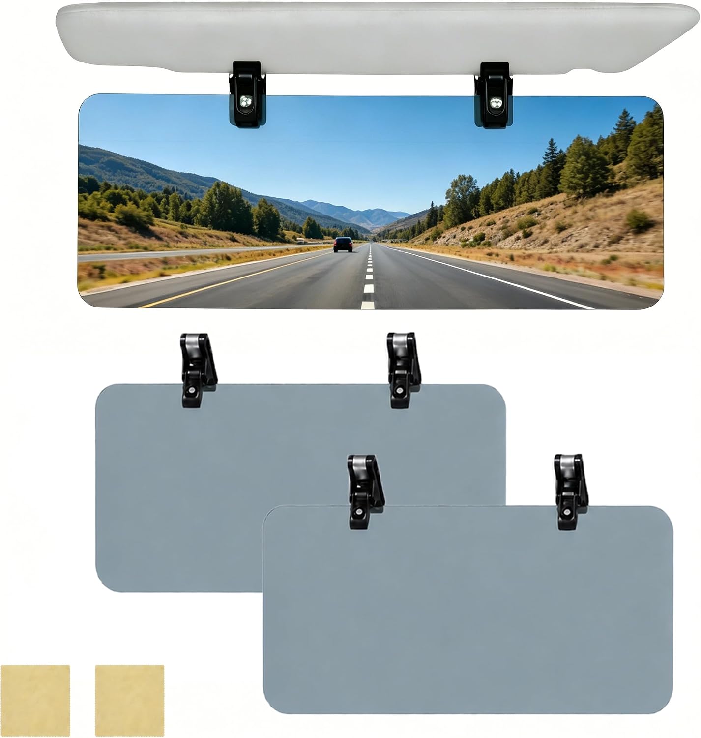 2SET Polarized Sun Visor Extender for Car, Universal Clip-On Anti-Glare Car Sunshade, Auto Windshield Sun Blocker with Double Clip, Day Night Driving UV Protection Eye Visor Extension for Cars Trucks