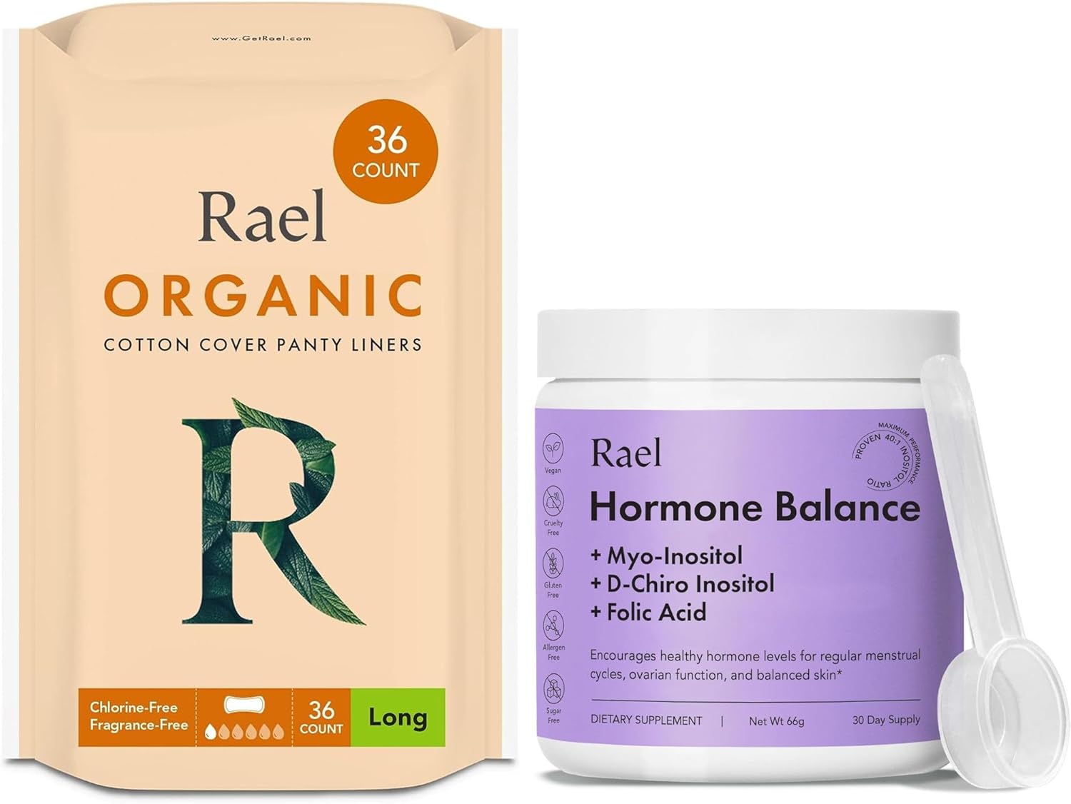 Rael Bundle - Organic Cotton Cover Panty Liners (Long, 36 Count) & Hormone Balance Supplement for Women, Fertility & Ovarian Support (30 Day Supply)
