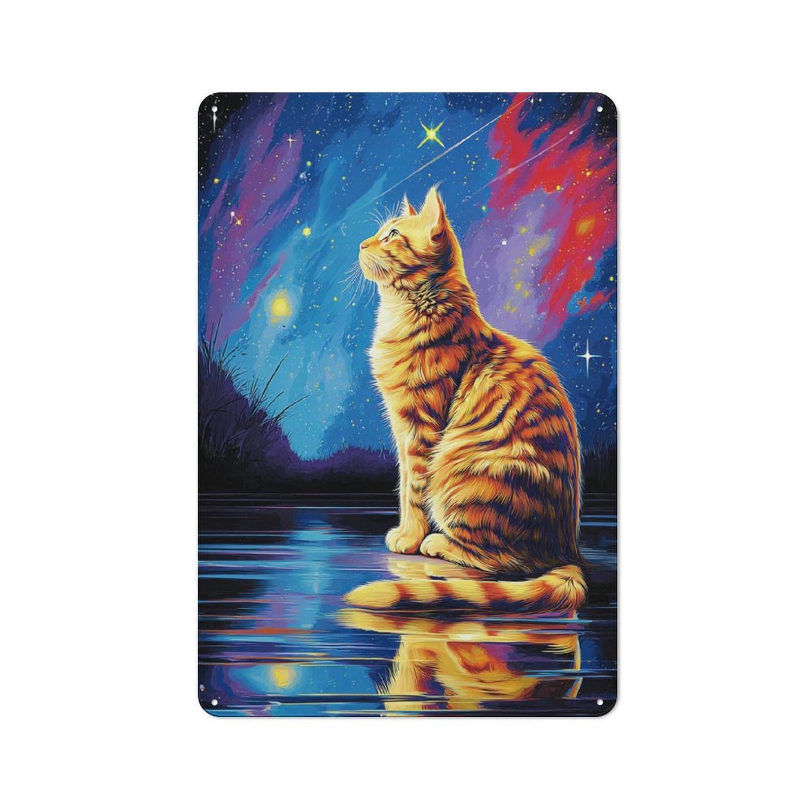 Starry Night Cat Reflection -1 Metal Wall Art Sign 30x20cm, Vintage Vintage Wall Decor for Lounge, Study, Pub Or Wall Gallery