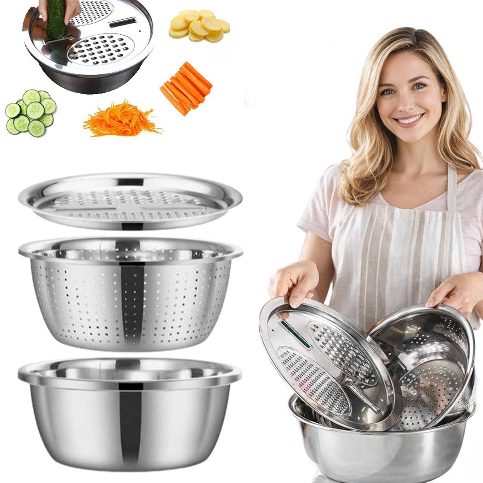 Germany Multifunktionales Edelstahl Waschbecken Set, 3 in 1 Küchensieb mit Reibe und Ablaufkorb, zum Waschen von Gemüse und Obst