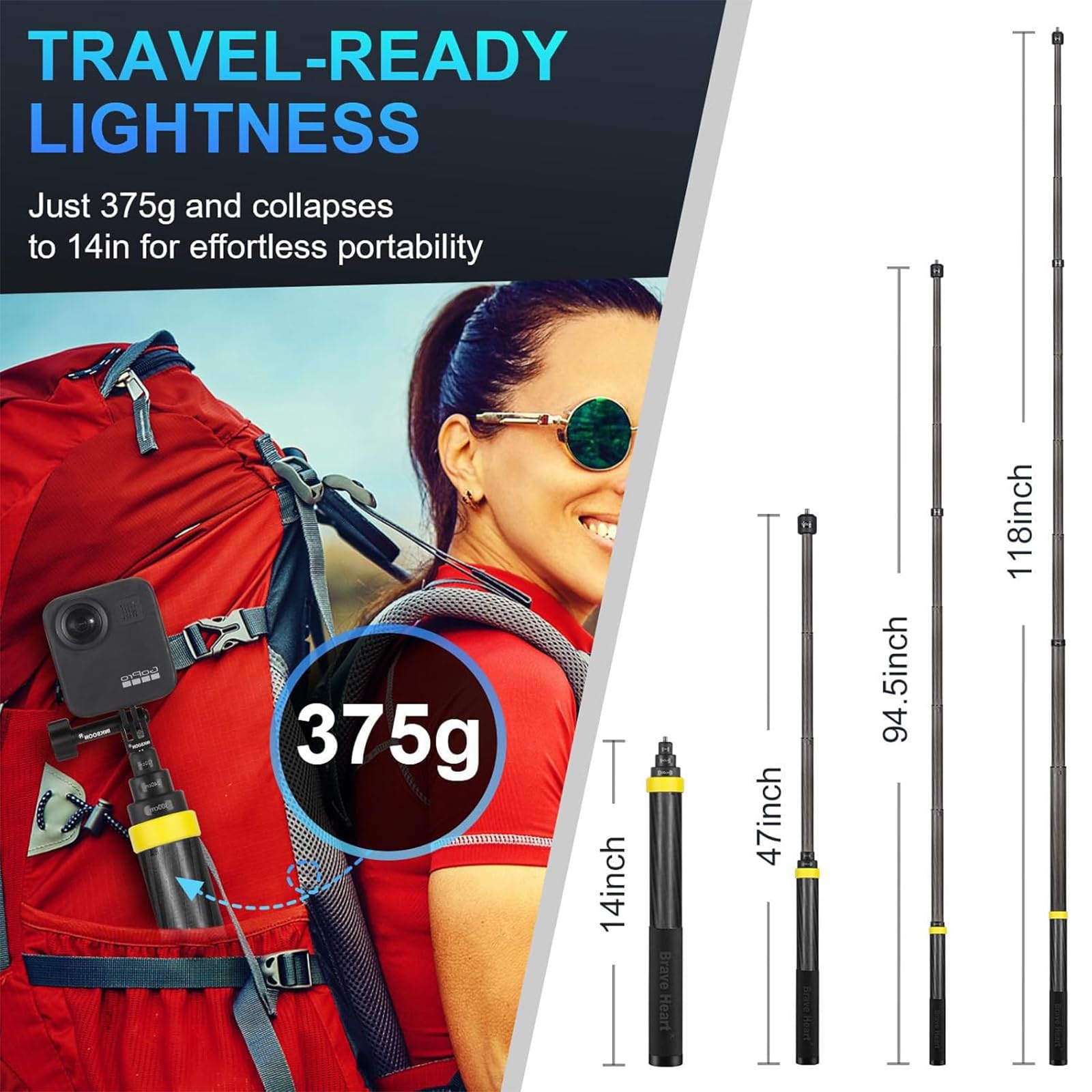 3 m langer ausziehbarer unsichtbarer Selfie-Stick aus Carbon für Insta360 ONE X5 X4 X3 X2 Panorama-Kamera-Zubehör (Gelb)
