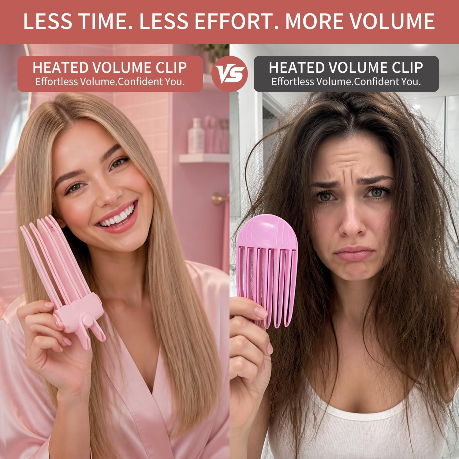 Heated Hair Volume Clip, Root Lifter Comb with Heat Settings (Pink)