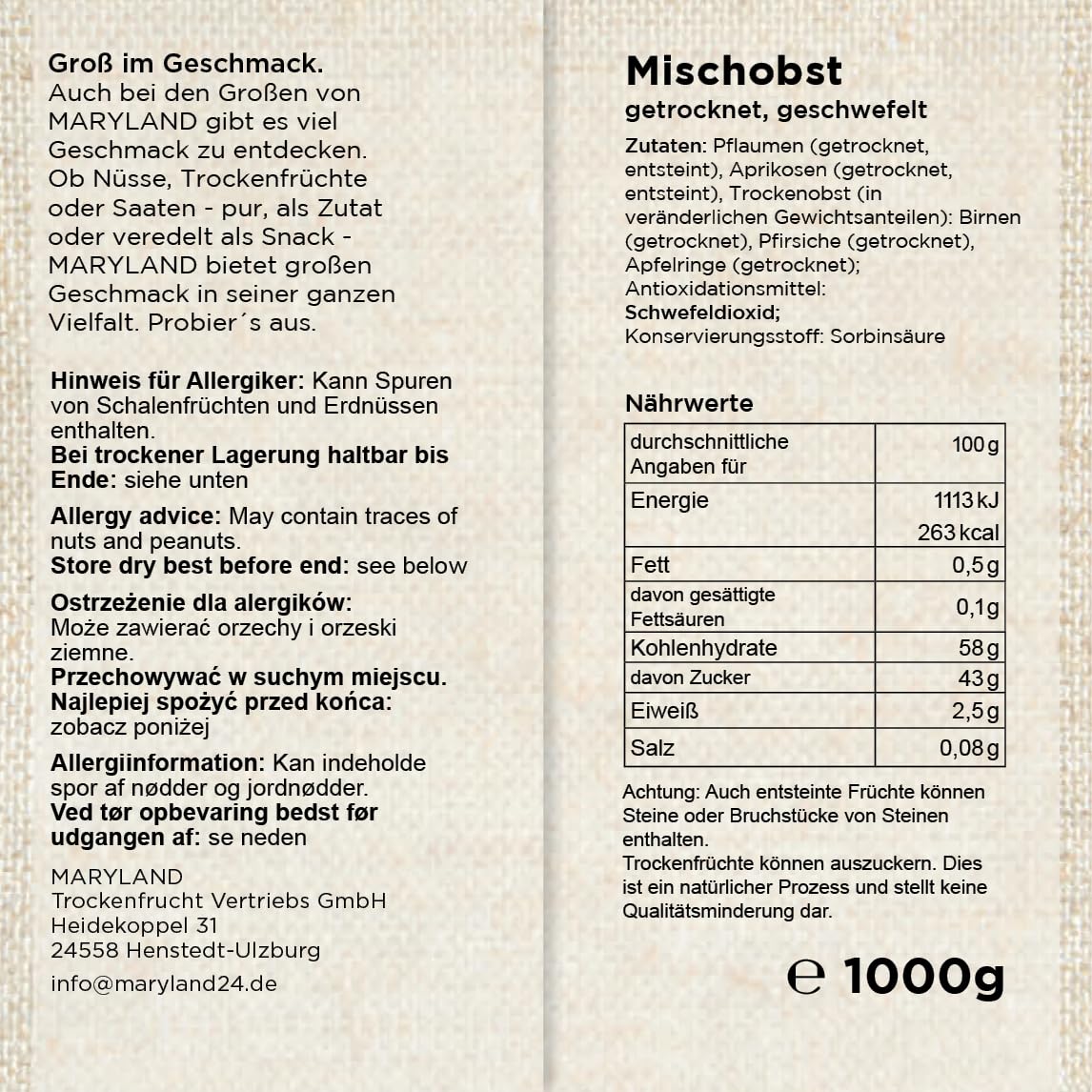 Maryland Mischobst 4 x 1kg Vorratspackung – Mit getrockneten Apfelringen, Pflaumen, Aprikosen, Birnen und Pfirsichen im Großbeutel – Veganes Trockenobst, perfekt zum Snacken (4 x 1kg)