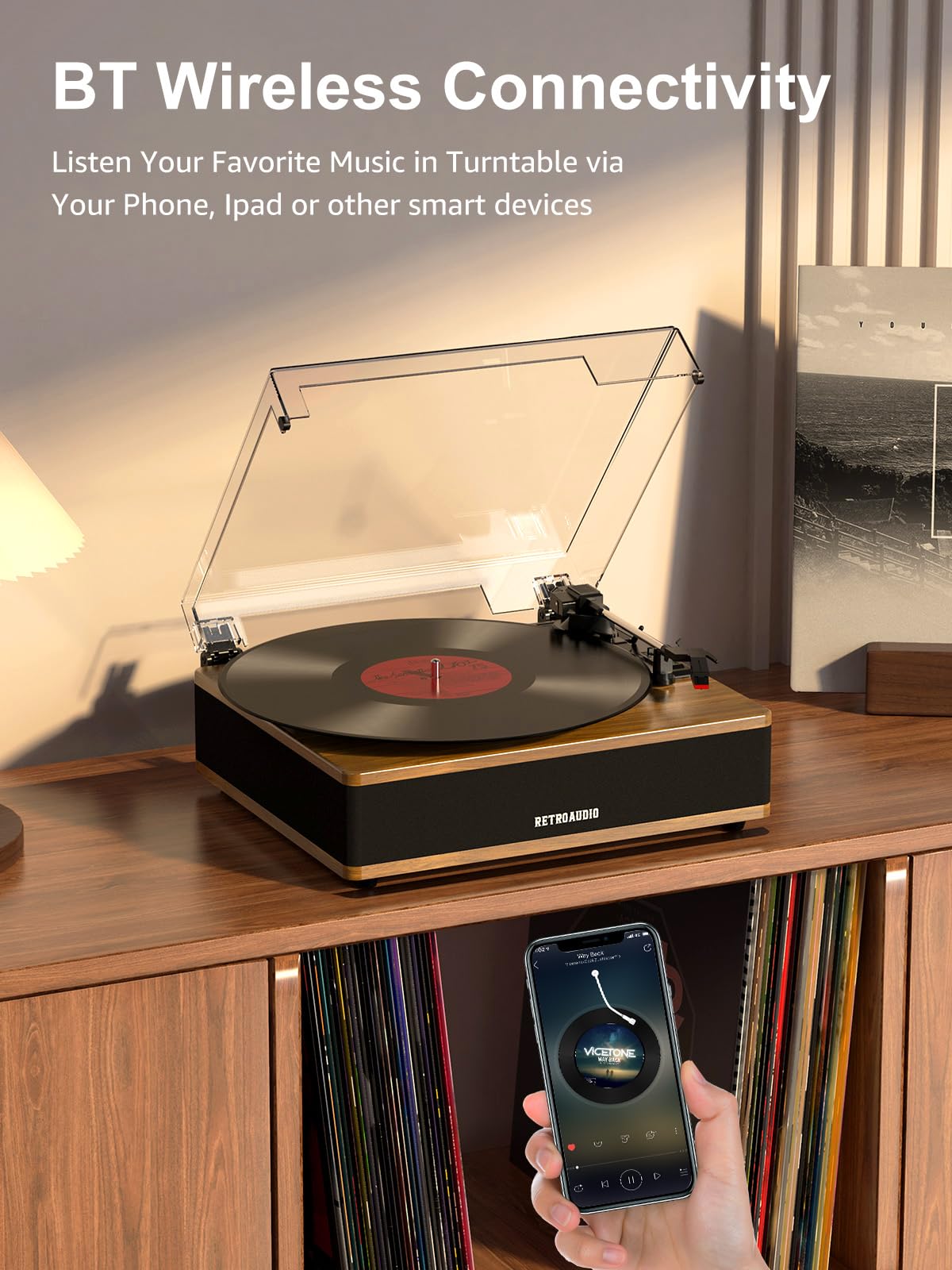Giradischi con altoparlante integrato, giradischi vintage con trasmissione a cinghia e supporto ingresso Bluetooth, 3 velocità 33 1/3, 45, 78 giri/min RCA Out Auto Stop