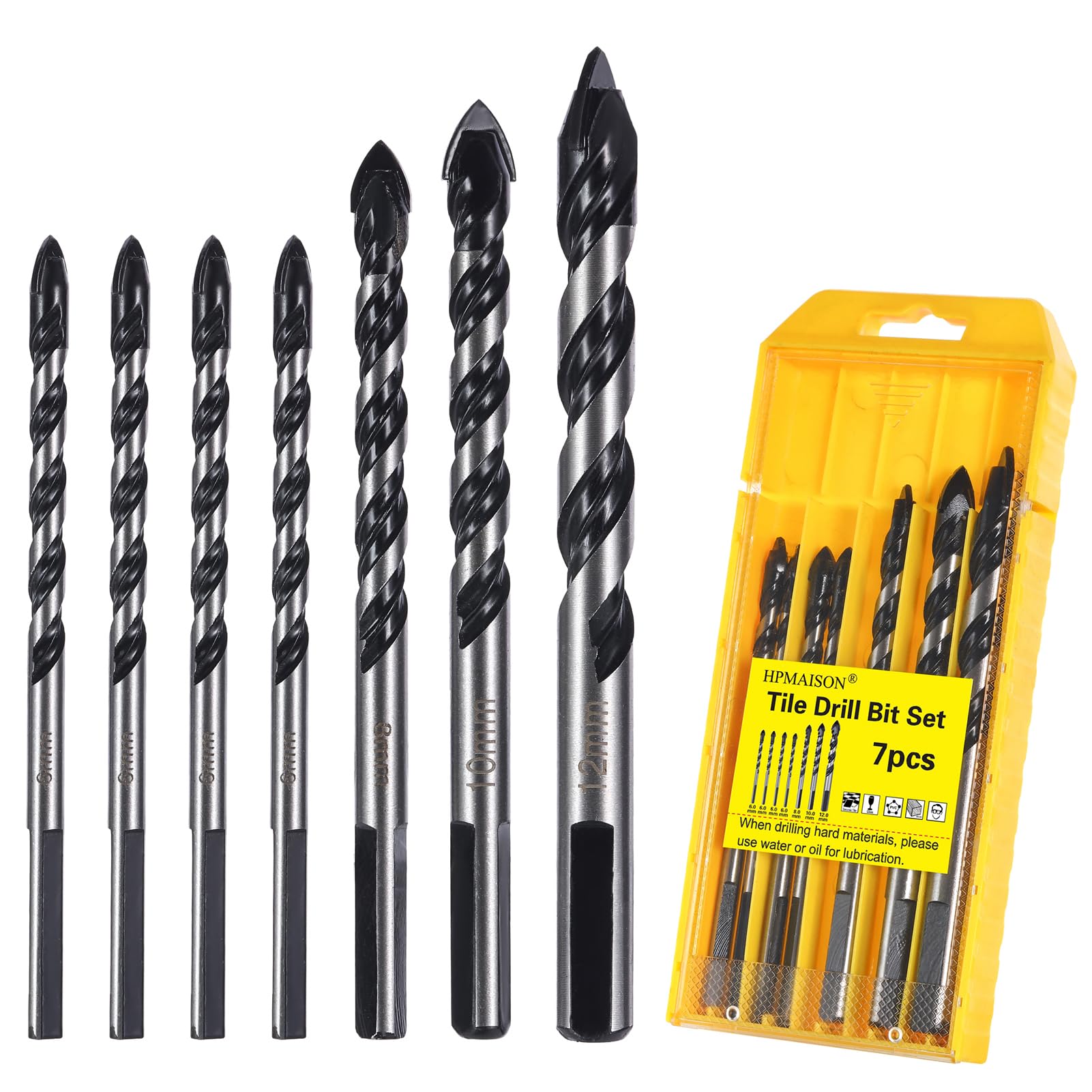 HPMAISON 7 Piezas Juego de brocas con punta de carburo de tungsteno para azulejos, porcelana, cerámica, hormigón, ladrillo, vidrio, plástico y madera,6,6,6,6,8,10,12mm