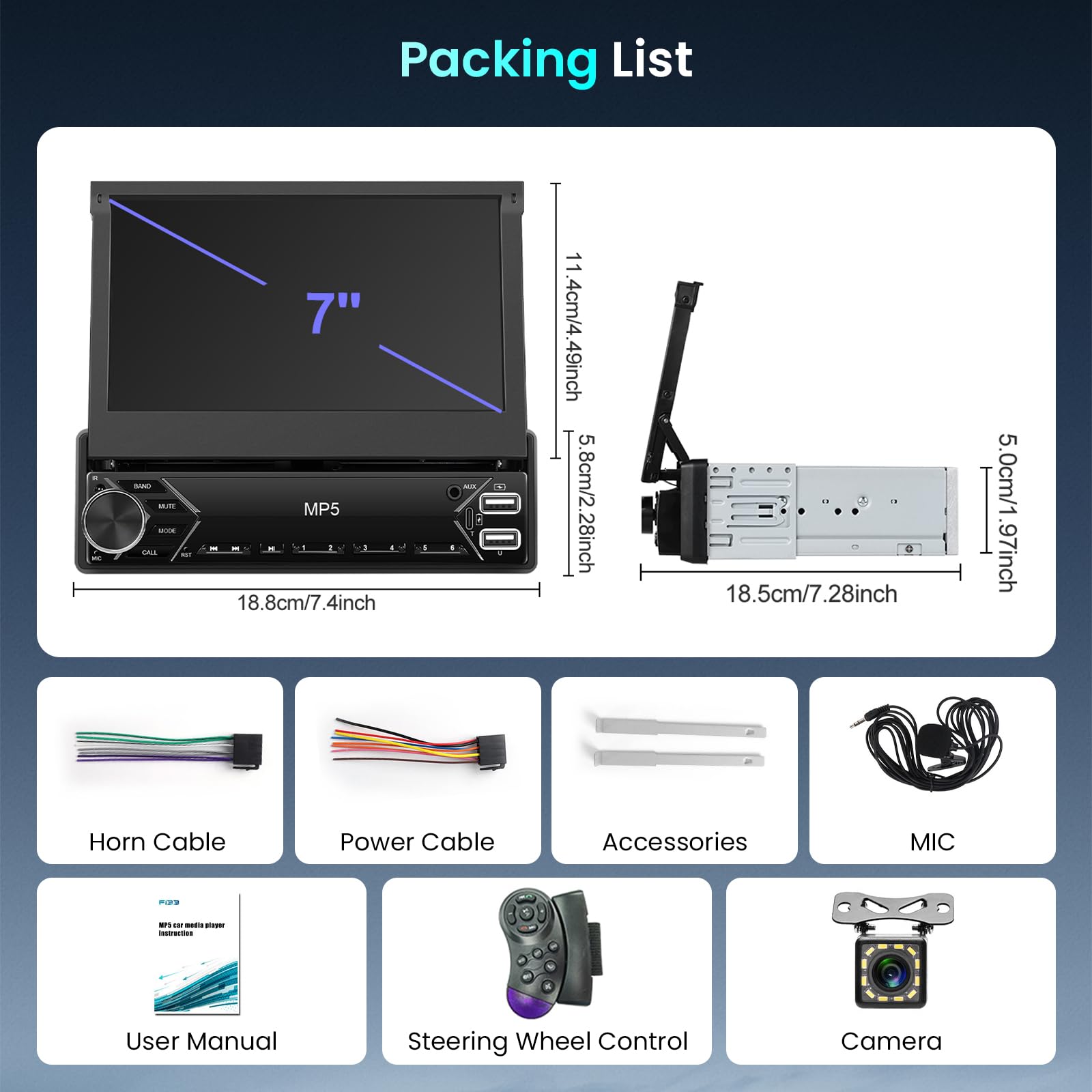 Hodozzy 1 DIN Écran Tactile Autoradio avec Carplay sans Fil Android Auto, 7 Pouces Bluetooth 1 Din Retractable Poste Radio Voiture 1Din Lecteur, Lien Miroir Radio FM Caméra Recul EQ USB/Type-C SWC