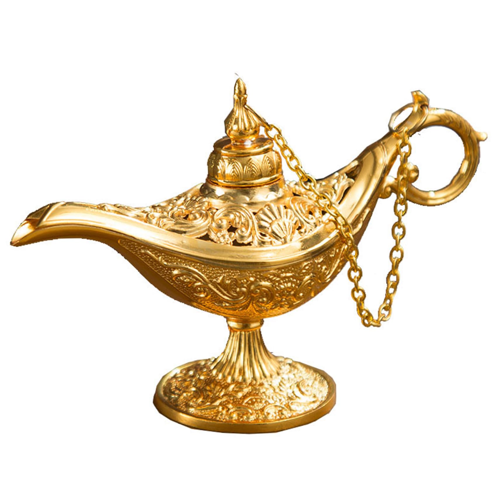 Wedhapy Gold Genie Lamp Aladdin Lamp Vintage En Arabian Magical Aladdin's Genie Lamp Carved Alloy Aladdin Toys Wishing Light With Chained Lid For Table Cosplay