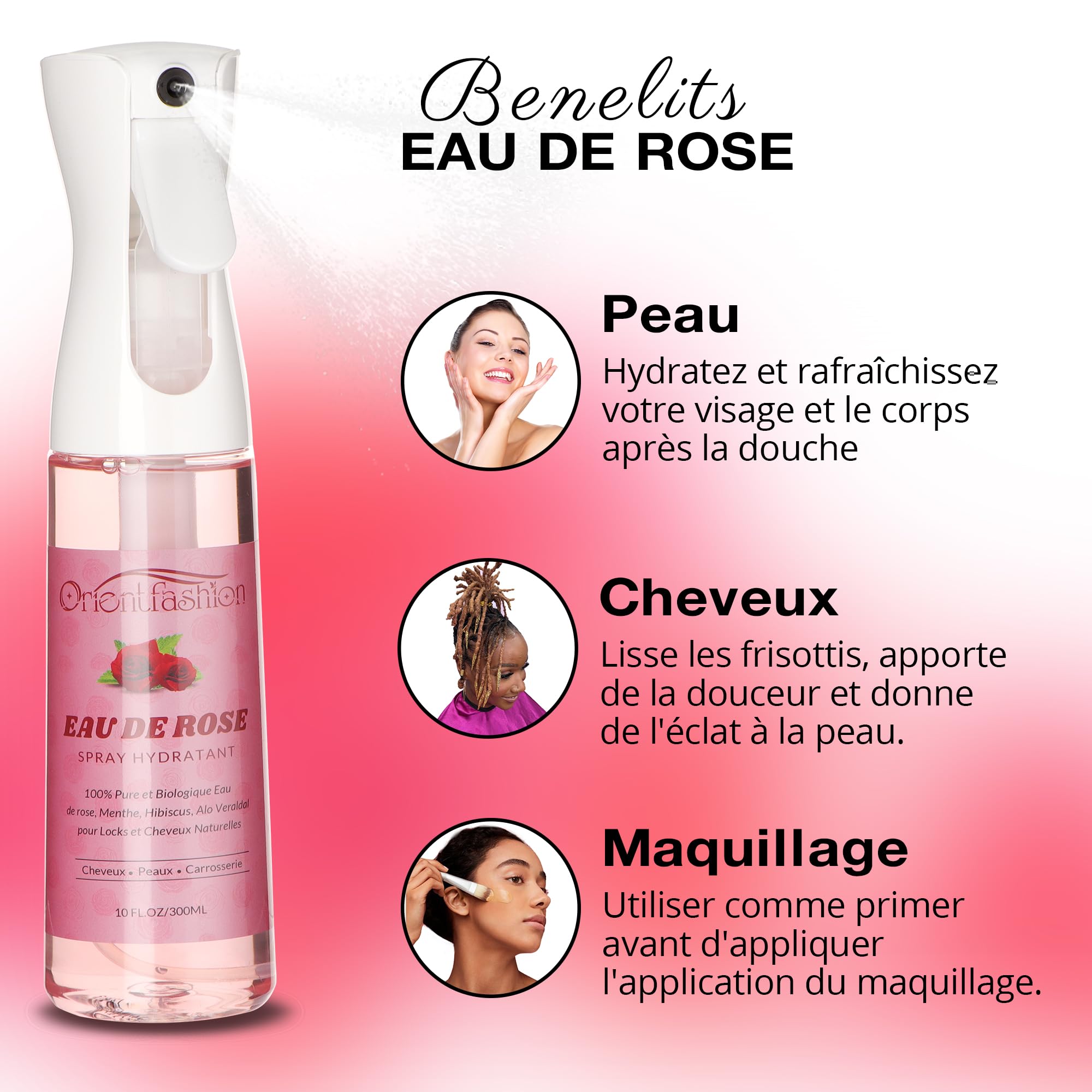 Eau De Rose Cheveux 300ml/10oz, Eau De Rose Bio Locks Moisturizer Hydrating Rose Water Spray Rosewater Scalp for Dreadlocks, Visage, Corps, Cheveux