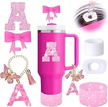 6PCS Pink Stanley Cup Accessories Set, Initials Decorations for Stanley Cup 30oz 40oz, Includes Bow Straw Topper, Handle Charm, Letter Sticker, Silicone Boot, Spill Proof Stopper (Letter A)