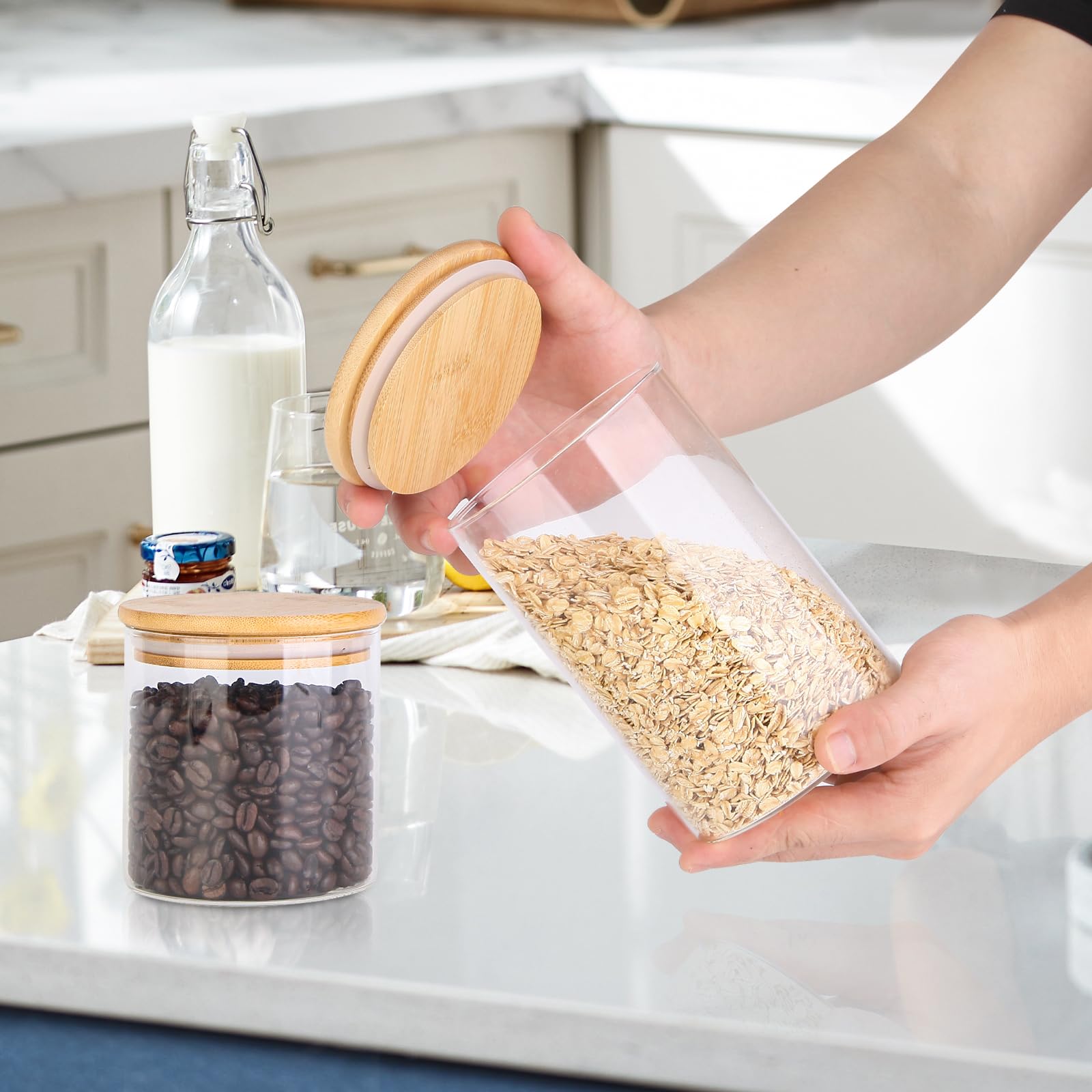 Tarros de vidrio para almacenamiento de alimentos, recipientes de alimentos con tapas herméticas de bambú para pasta, galletas, nueces, granos de café, cereales, recipientes de vidrio para cocina,