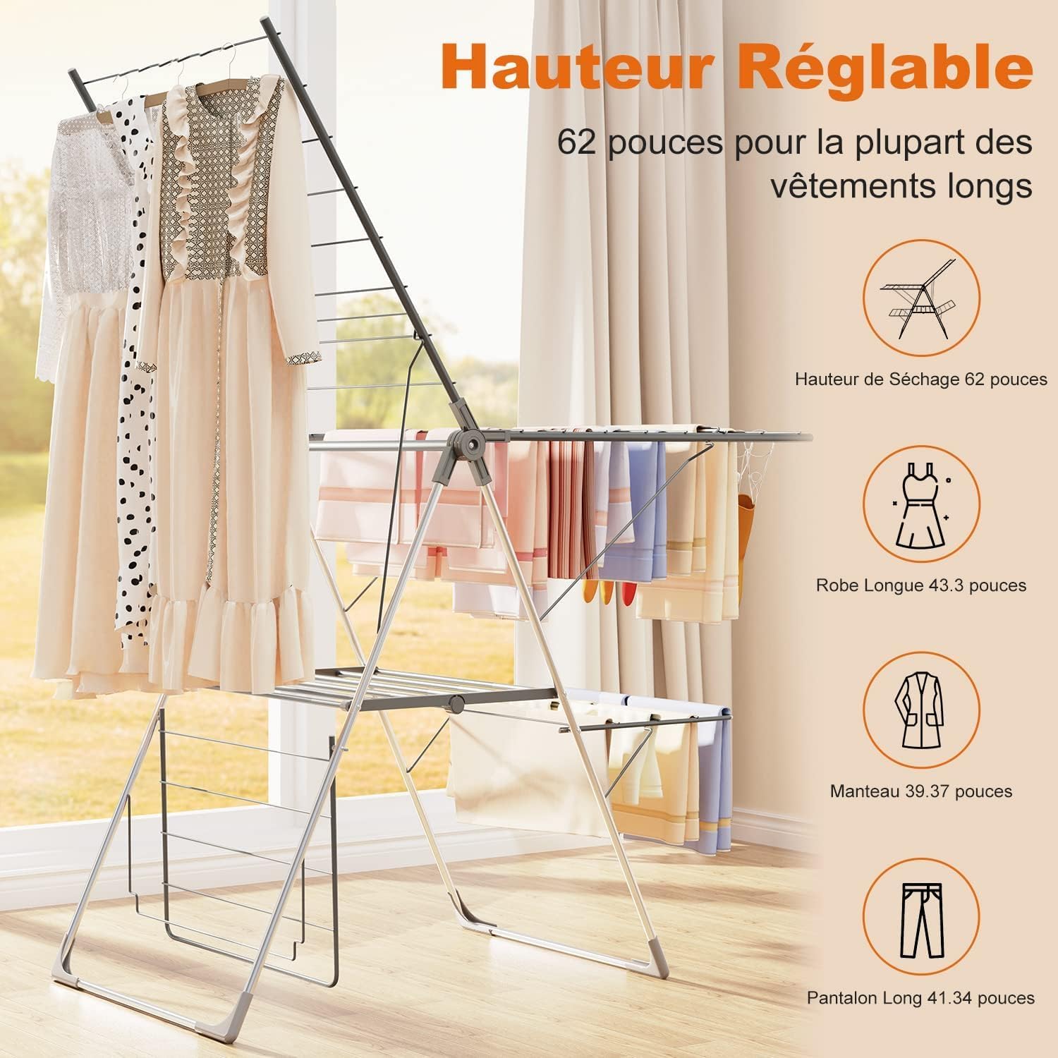 Innotic Étendoir Linge Intérieur Extérieur, Séchoir à Linge Pliable à 2 Niveaux, 4 Ailes Réglables en Hauteur, 3 Secondes Déplier ou Plier, Acier Inoxydable Tancarville XXL, 33 Rails, Gris