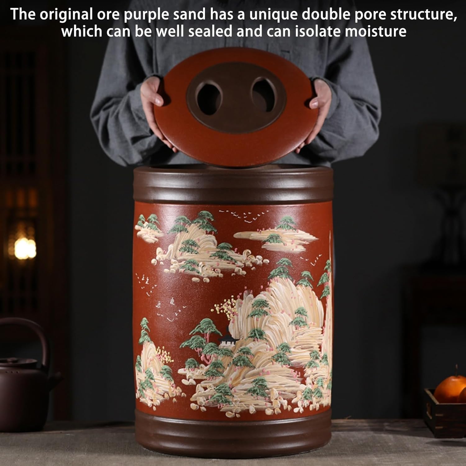 ELEFOCUS Traditional Large Capacity Ceramic Jar for Rice Food Storage Containers with Lids Rice Storage Container rice Dispencer(Green,30 * 43cm/11.8 * 16.9in)