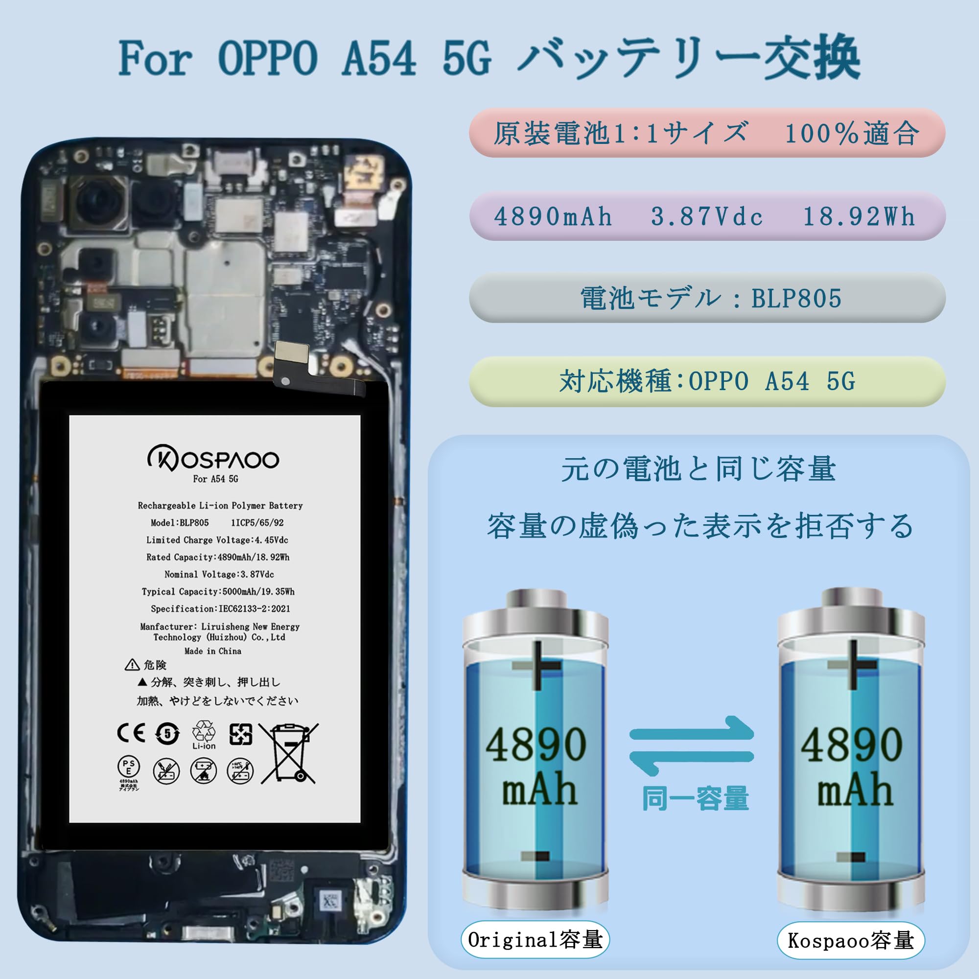 Amazon | KOSPAOO for OPPO A54 5G バッテリー互換 容量4890mAh
