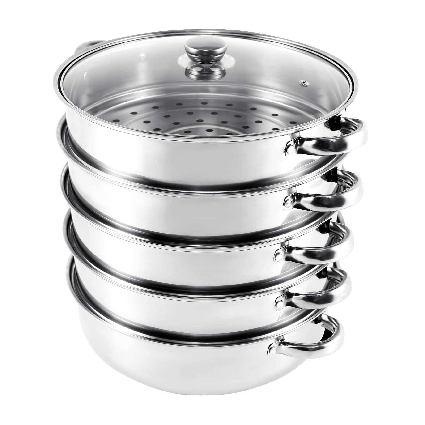 Olla de vapor de acero inoxidable, con tapa de cristal, 5 etapas 30 cm, utensilios de cocina, cacerola, placa de inducción, vaporizador para dumplings, plata