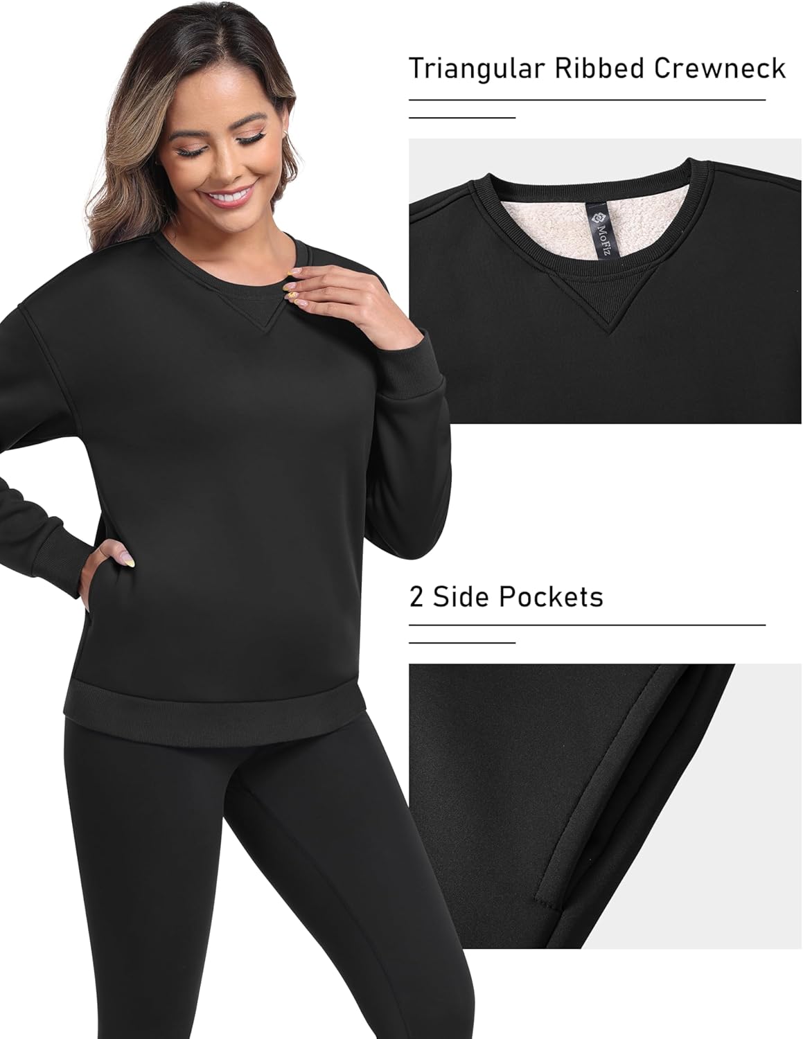 MoFiz Women's Fleece Lined Crewneck Sweatshirts Sherpa Lined Pullover Winter Warm Long Sleeve Casual Tops with Pockets - Image 3