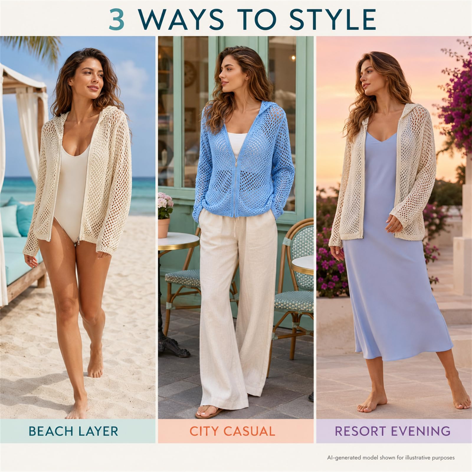 Cardigan da donna all'uncinetto con cappuccio e cerniera, leggero maglione
