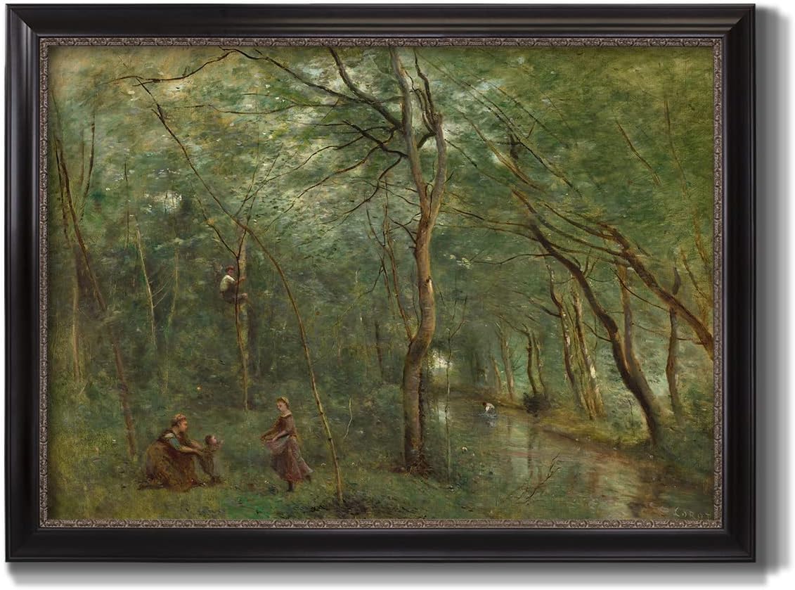 Renditions Gallery Home Decor Prints The Eel Gatherers Abstract Art Wall Hanging Prints by Jean-Baptiste-Camille Corot for Bedroom Dining Living Room Office Home Kitchen Wall Decor - 29X41 - Ebony & Gold Framed - LT499