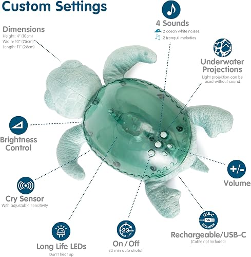 Cloud b Tranquil Turtle Green (Rechargeable) Baby White Noise Machine & Baby Night Light | Cry Sensor | Adjustable Settings | 4 Soothing Sounds & Ocean Waves Projector - 3