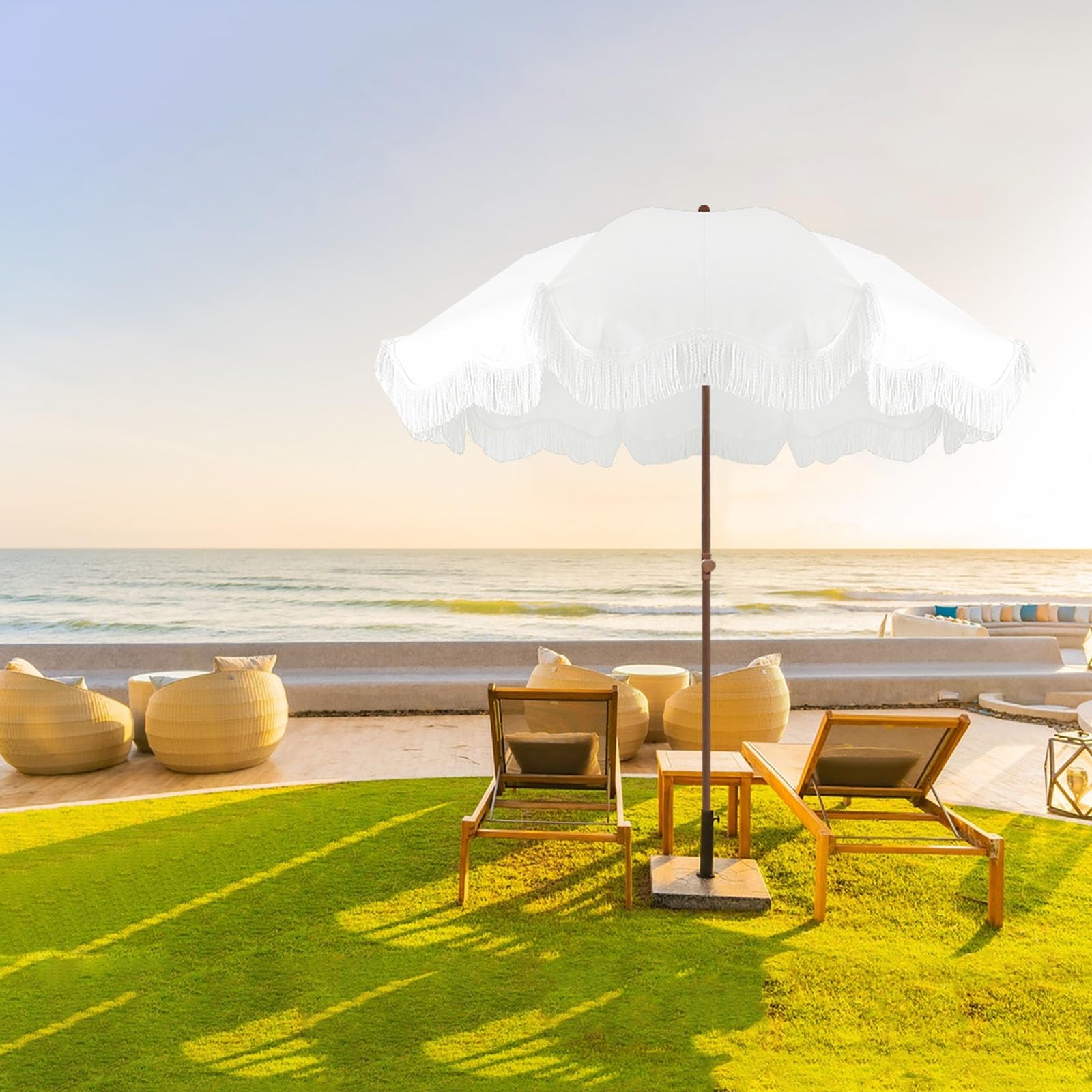 ELZEM 180cm Sombrilla Playa Antiviento Blanco Parasol Jardin Protección UV50+ Sombrilla Terraza Con Flecos Parasol Terraza Inclinable Para Terraza Jardin Piscina/Bolsa De Transporte 8 Varillas