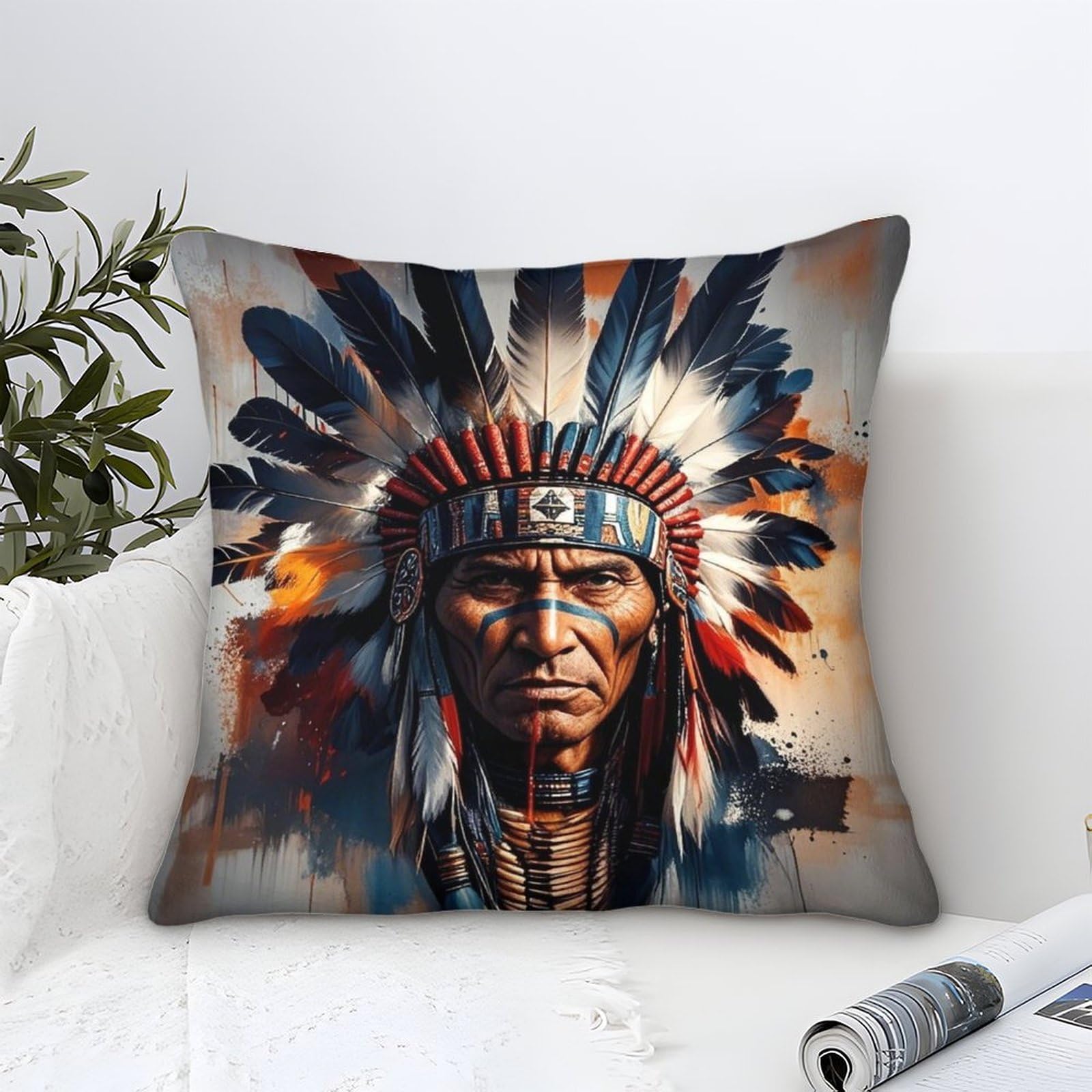 XiaopangXY Native American Cushion Covers 45x45cm, Mohicans Throw Double Printed Pillow Case Native American Accent Pillow Covers