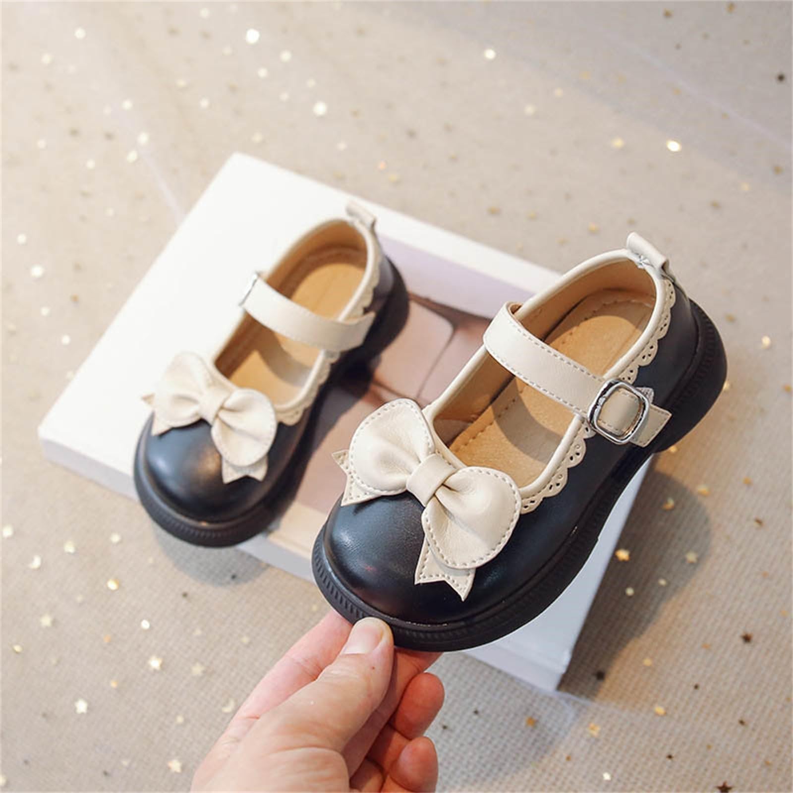 girl sandal size 13 Bow Mary Jane Shoes Ballerina With Satin Ankle Tie For Wedding Birthday Party (Black, 6.5 Infant)