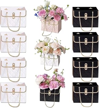 KUZEOLON 8pcs Flower Paper Gift Box, valentines Day bag Gift Box, Bouquet Bags Flower Box with metal chain Gift Case, Flower Boxes Arrangements Wedding Valentines Day Gift Wrap White + Black
