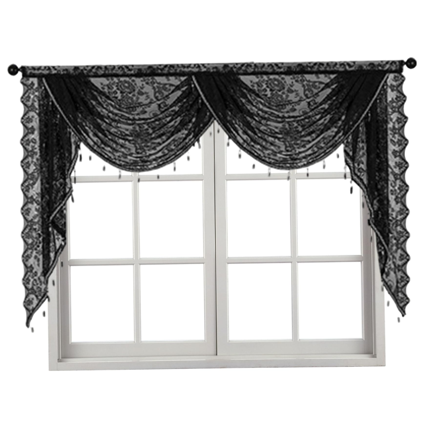 Cortinas de encaje negro floral cortina gótica transparente con bolsillo de vara para Halloween