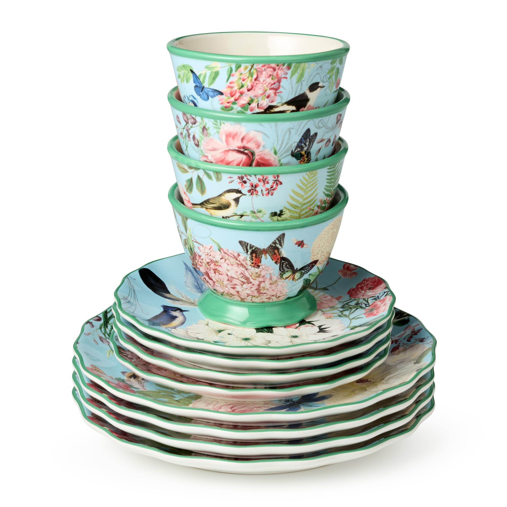 Certified International Flora - Juego de vajilla de 16 piezas, servicio para 4, incluye cena, platos de postre, tazas y cuencos de helado de pedestal con vibrantes diseños florales inspirados en la